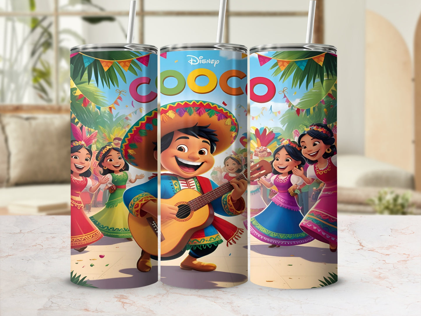 Coco movie characters Miguel, Mamá Coco, and Hector celebrating Día de Muertos.