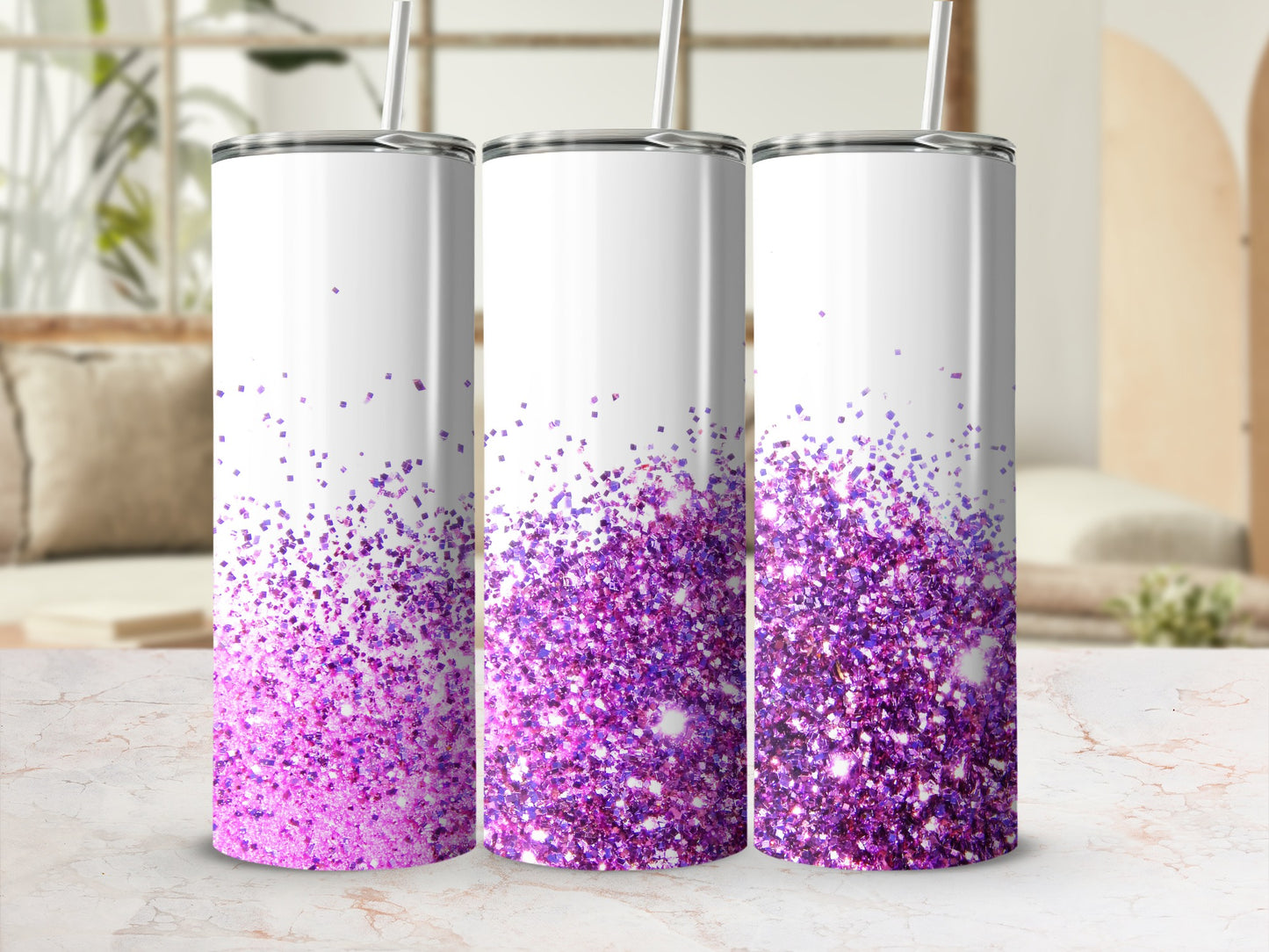 Three white tumblers with cascading pink and purple glitter patterns.