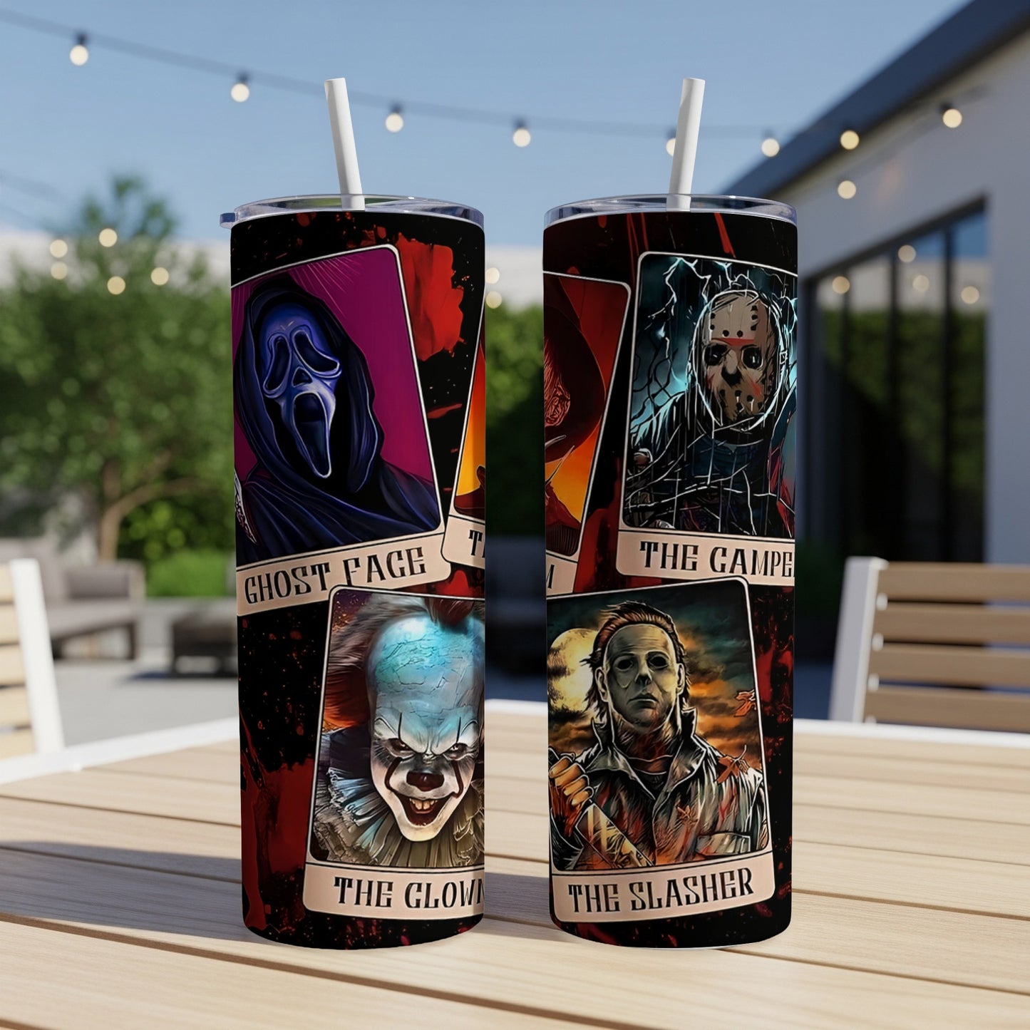 Halloween tumblers with Ghostface, The Creeper, Pennywise, and The Slasher.