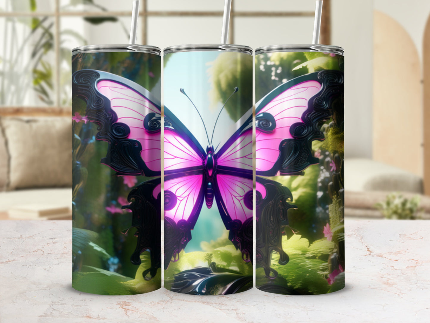 Pink and black butterfly design on a stainless steel tumbler.