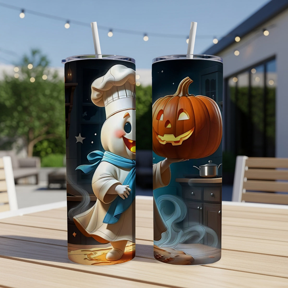 Two tumblers featuring the Pillsbury Doughboy and a jack-o'-lantern with a straw.