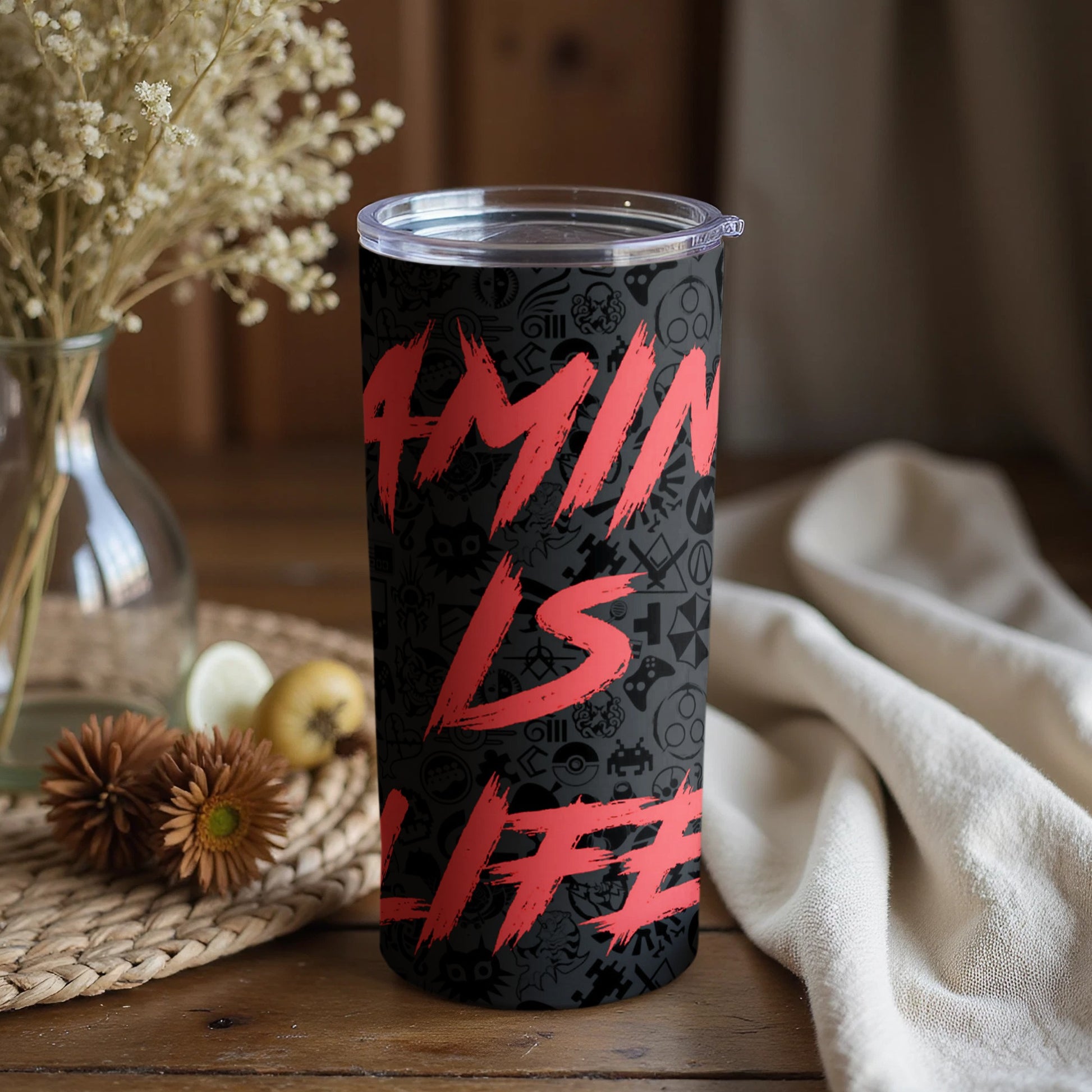 Gaming Is Life Black Tumbler with Pink Print Design