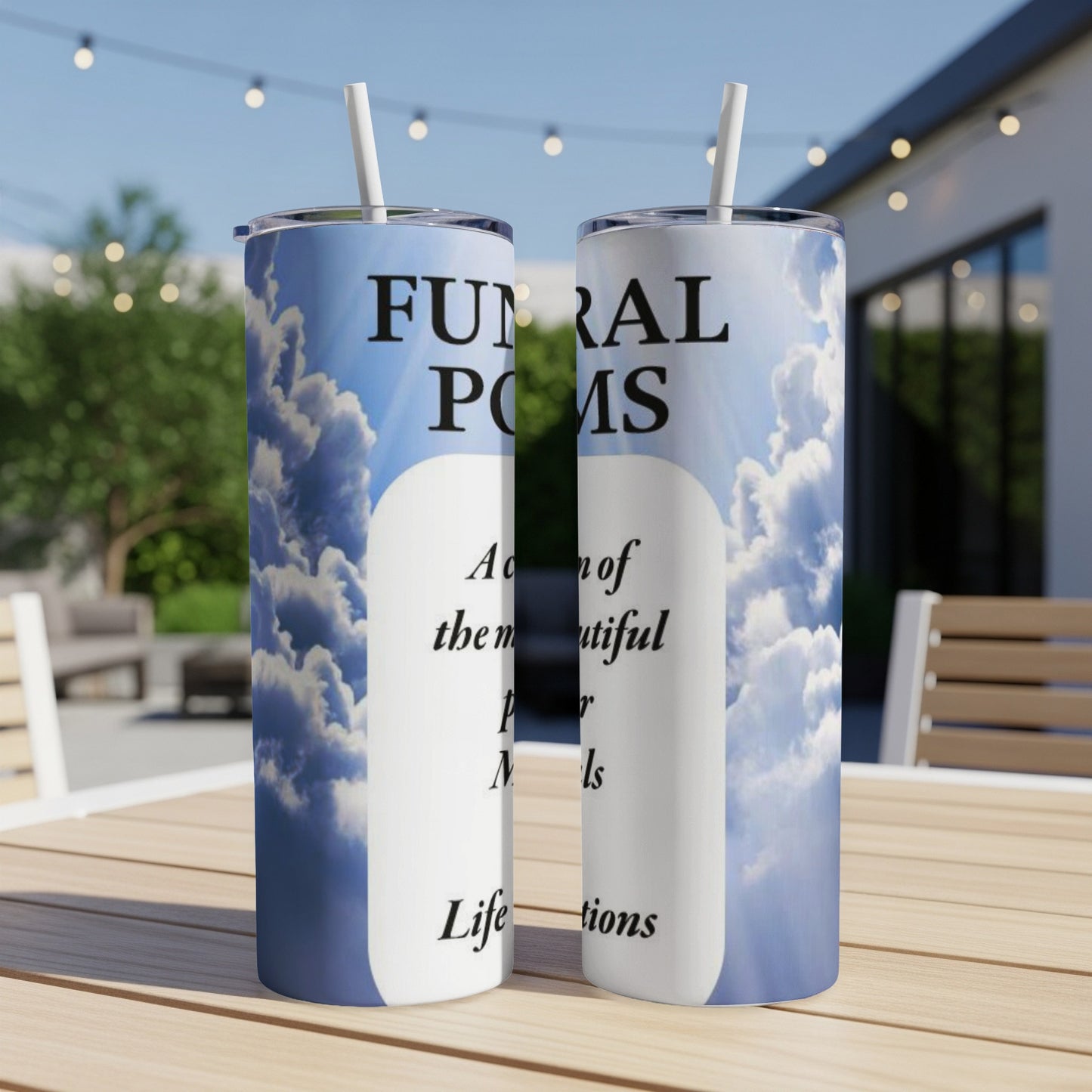 Funeral Poems book cover with fluffy clouds and blue sky.