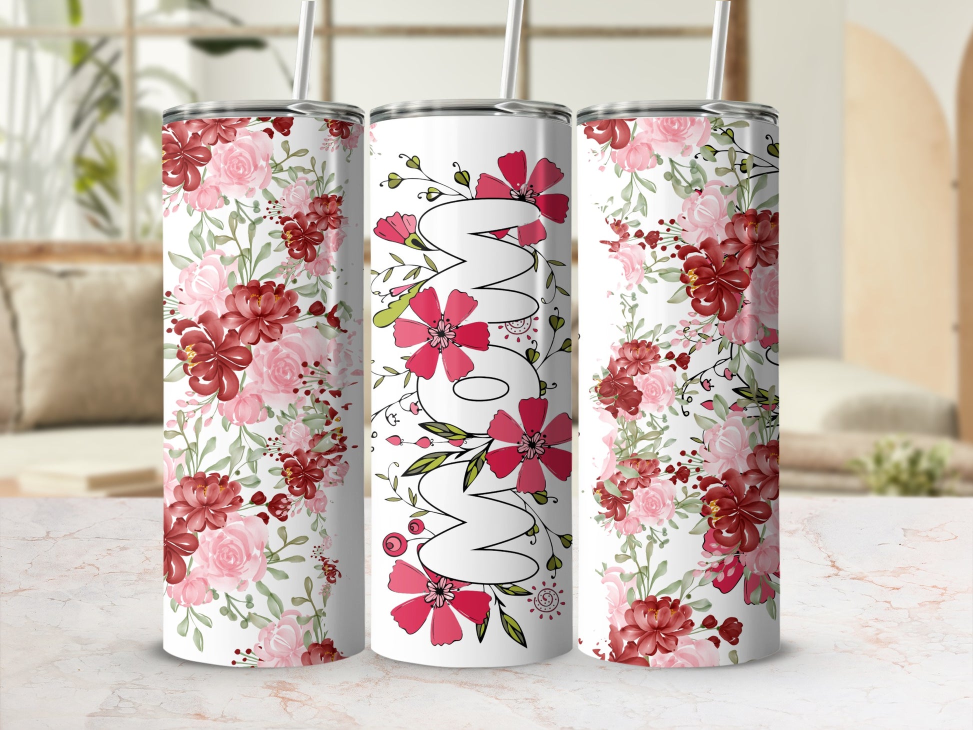 Floral Pink and Red Mom Design Tumbler Product