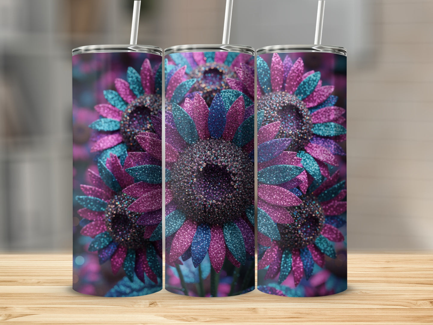 Glittering Pink and Teal Sunflower Tumbler Cup