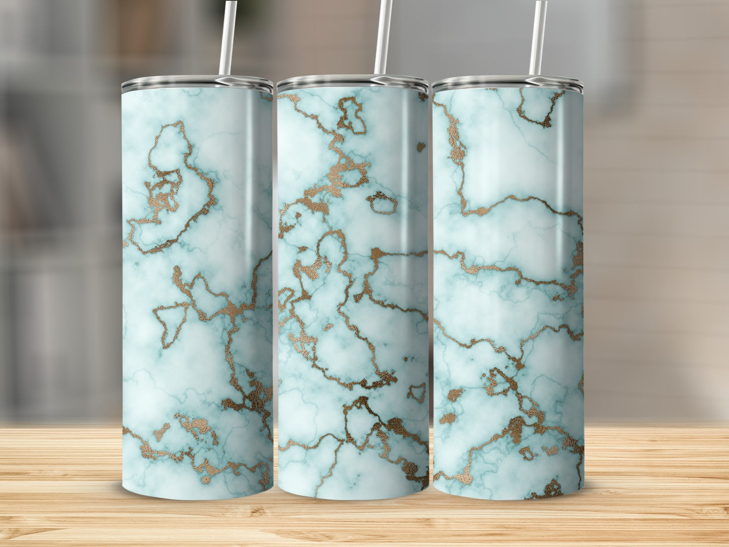 Gold Accents On Aqua Marble Abstract Design Tumblers