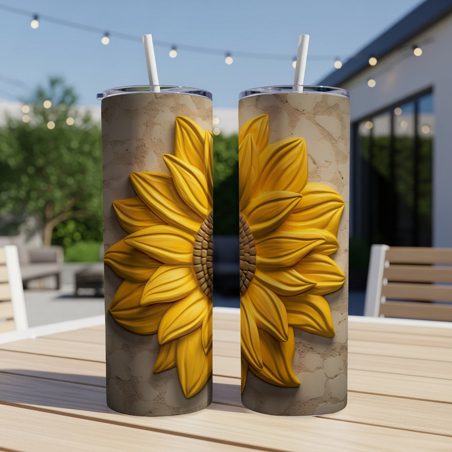 Two tumblers with a detailed yellow sunflower design sit on a table outdoors.