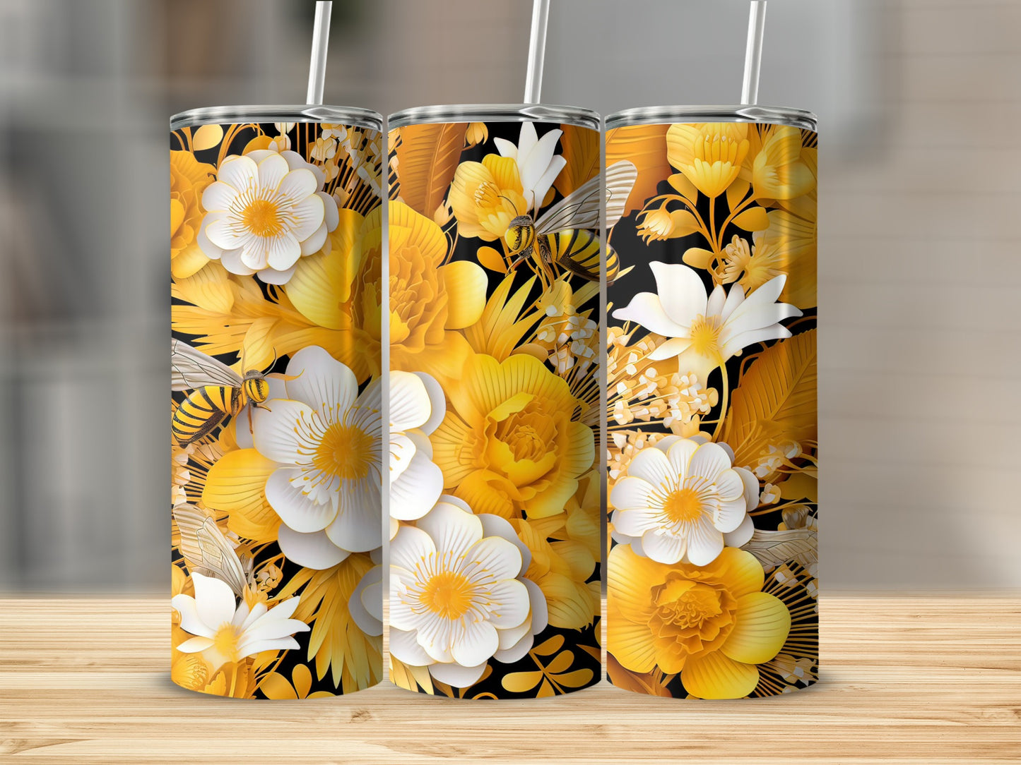Vibrant Yellow and White Floral Design Tumbler