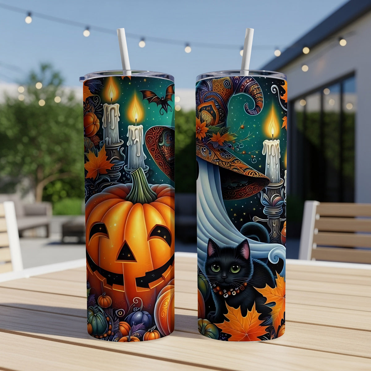 Two Halloween themed tumblers with pumpkins, black cat, candles, and a witch hat.