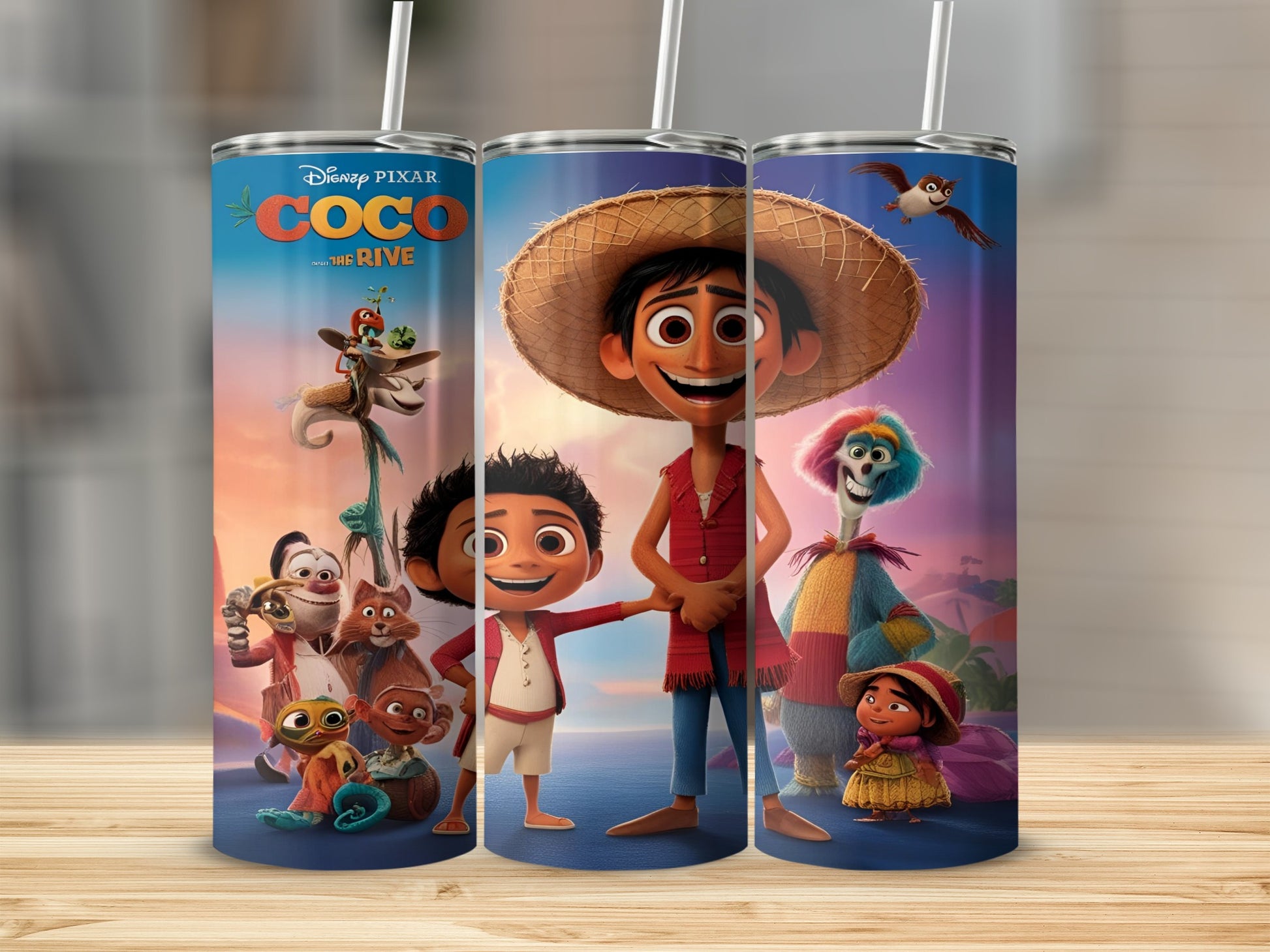 Disney Pixar Coco characters Miguel, Hector, Dante, and Imelda on tumblers.