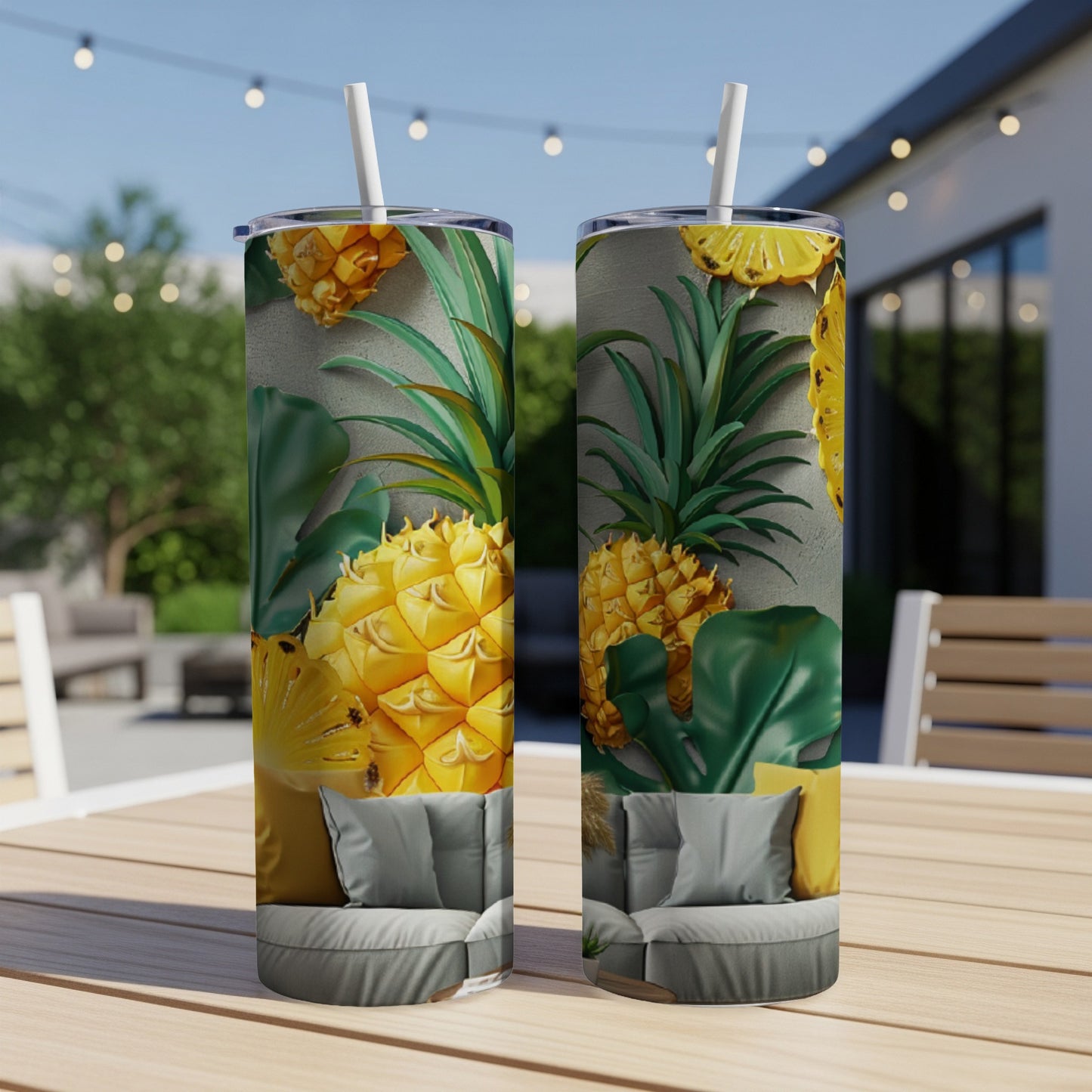 Two tumblers with a pineapple and sofa design on an outdoor table.