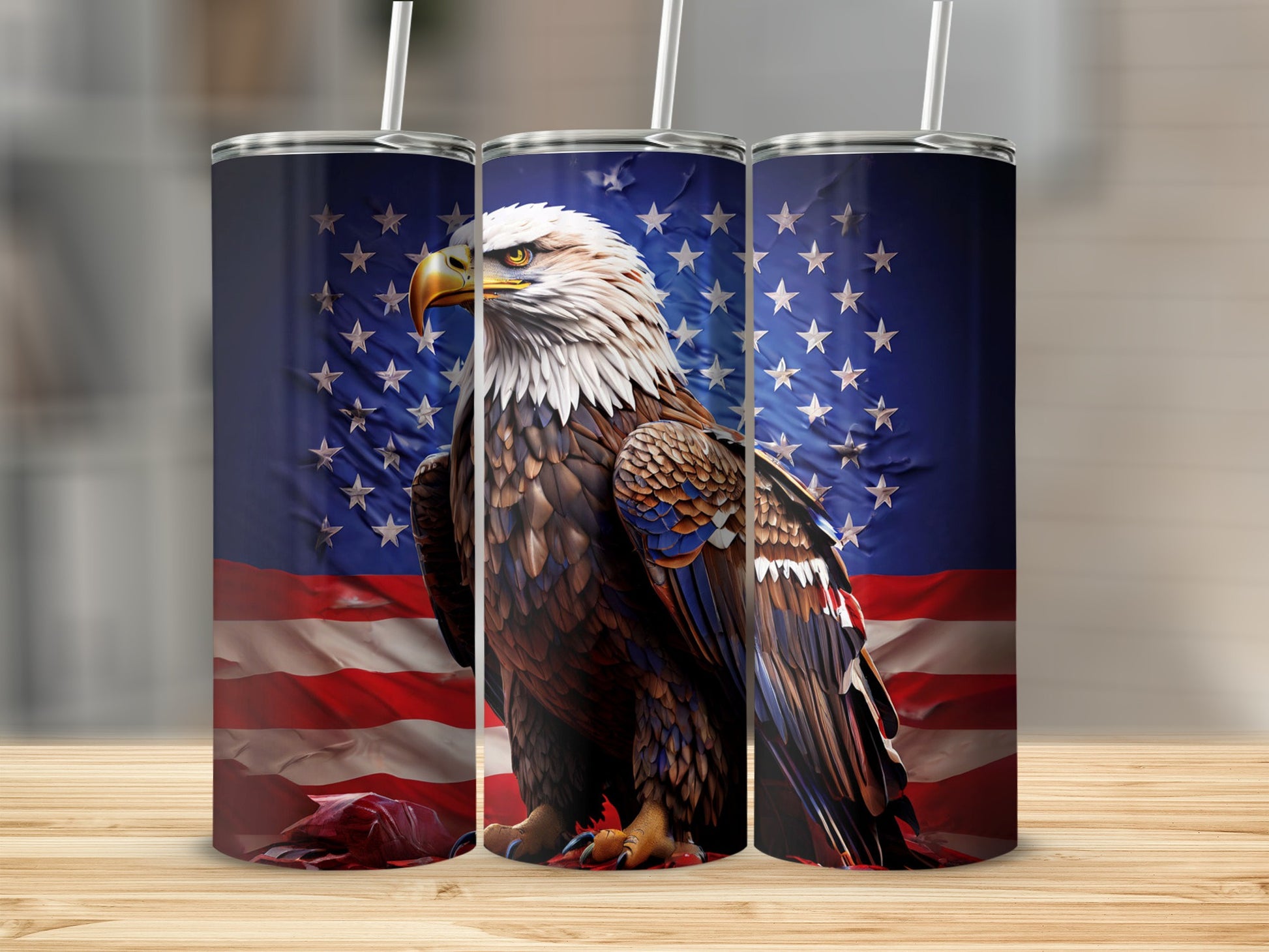 Eagle and American flag design on a tumbler.