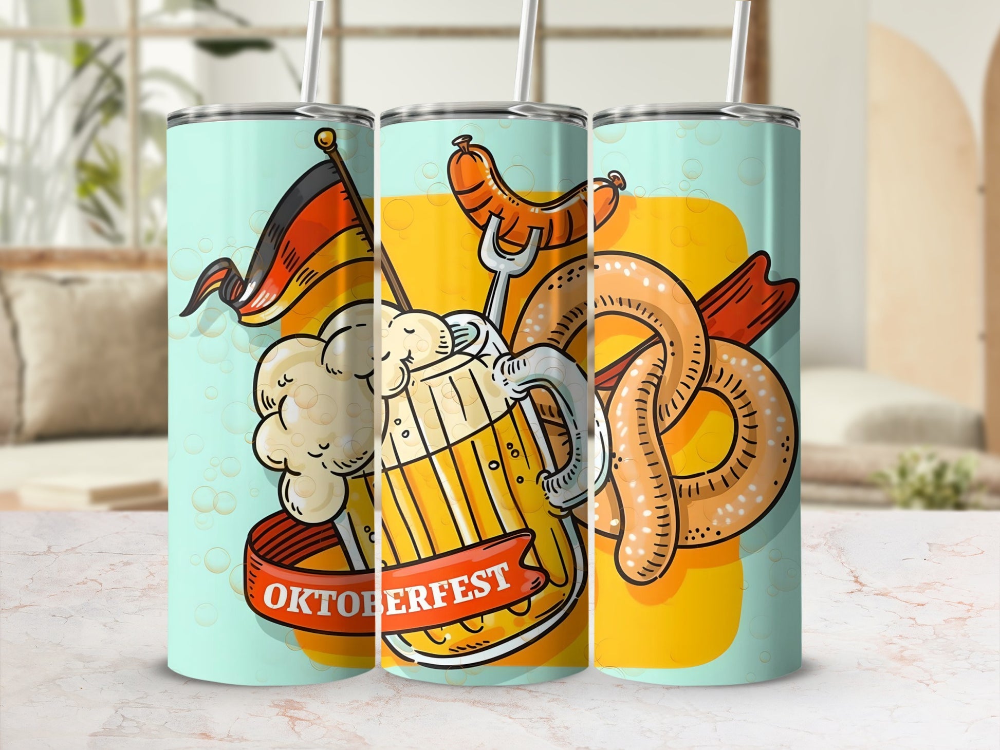 Oktoberfest mug flag pretzel sausage themed tumbler
