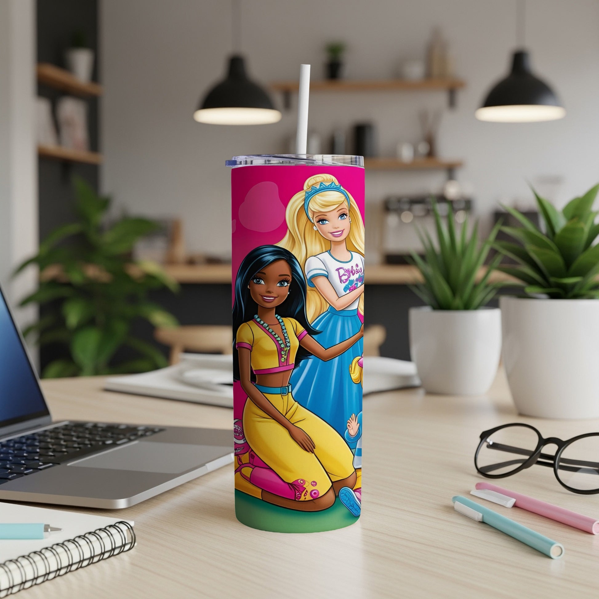 Barbie and Nikki characters on a pink tumbler with a straw.
