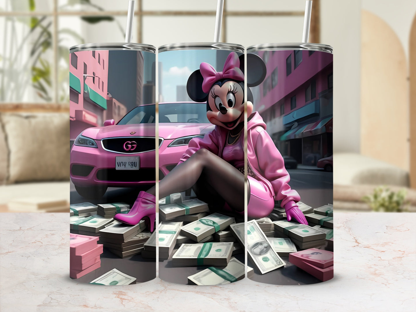 Minnie Mouse in Pink Outfit Tumbler with Car Design
