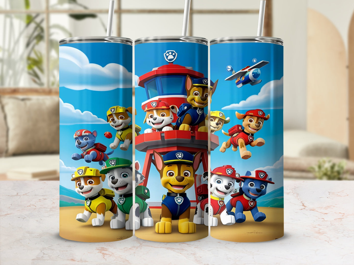 Paw Patrol characters on a beach with a lifeguard tower and plane.