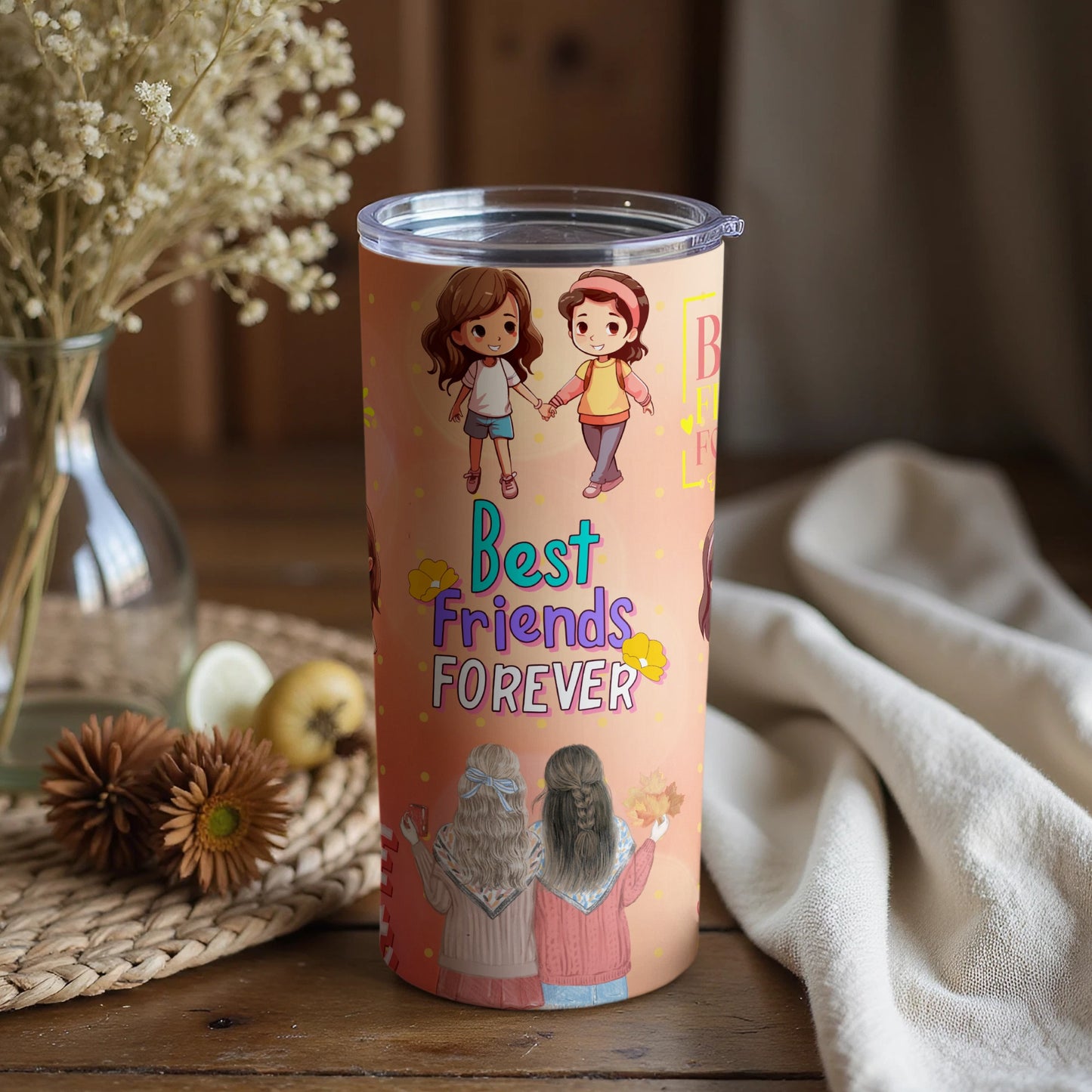 Best Friends Forever Design Tumbler with Lid Cup