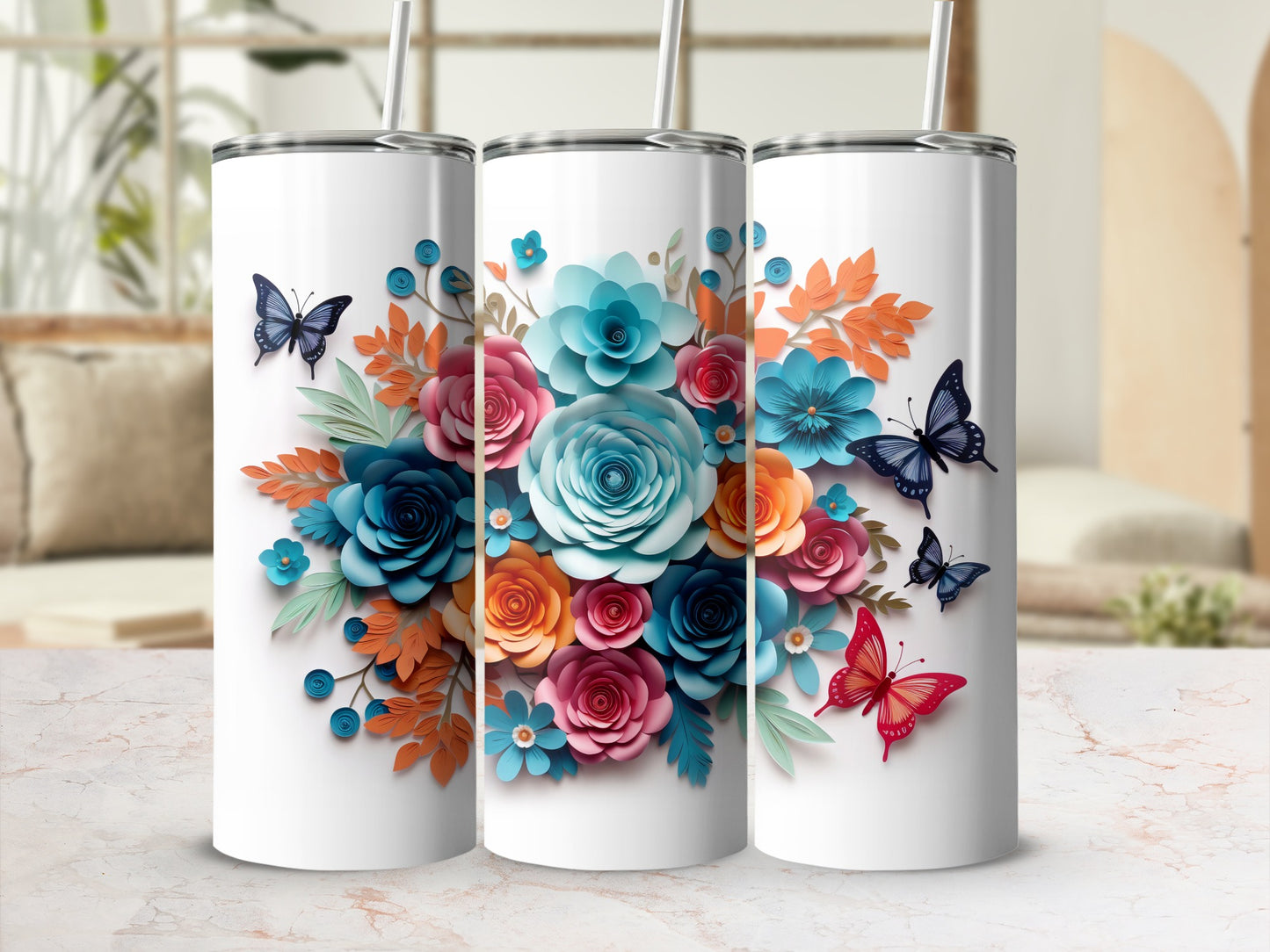 Colorful Floral Bouquet With Butterflies Tumbler