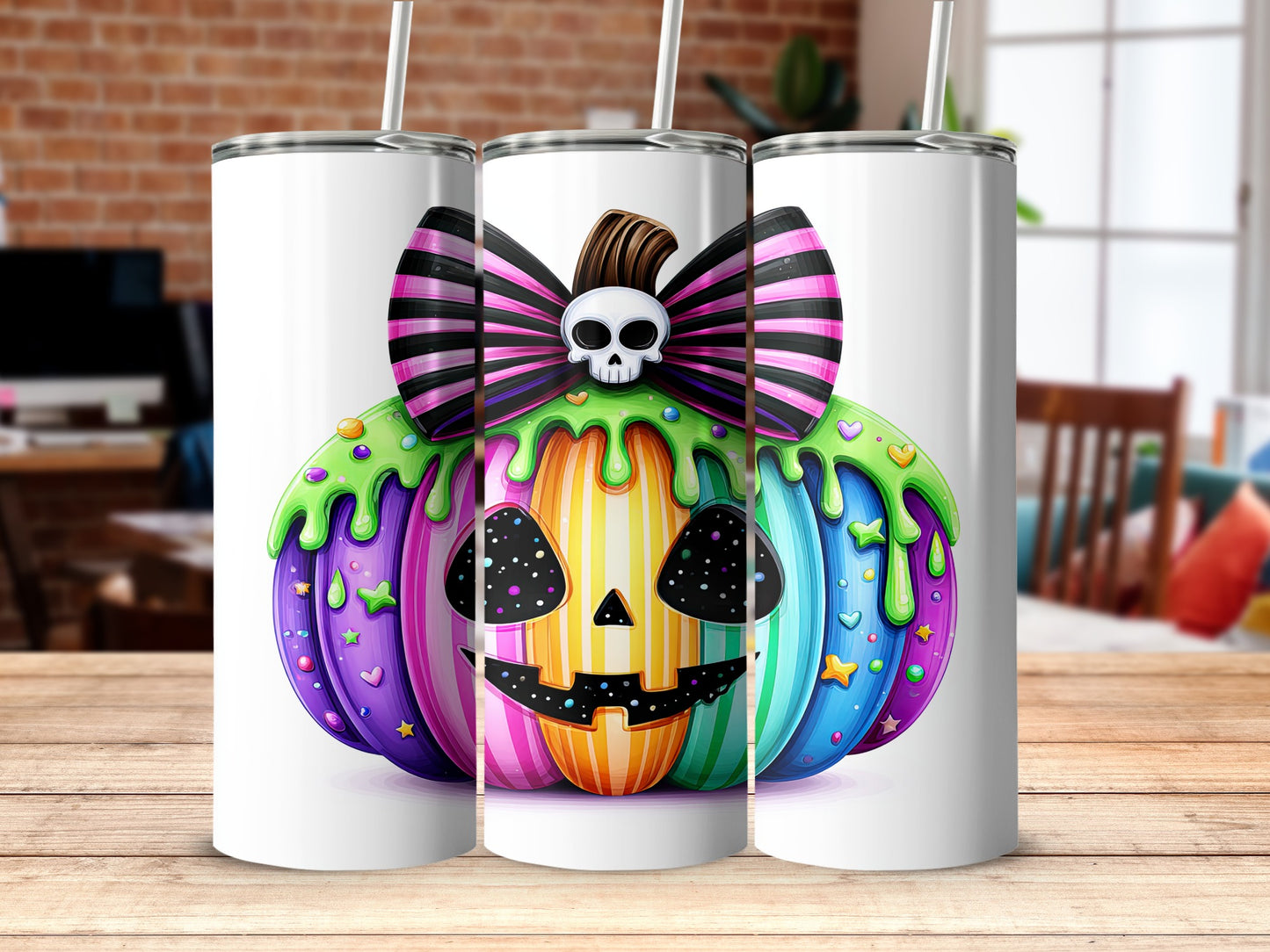 Rainbow Halloween Pumpkin with Bow Tumbler