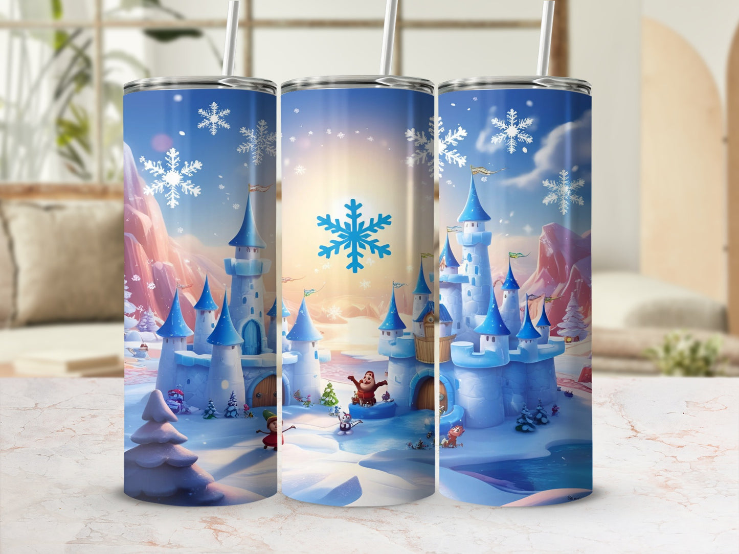 Winter castle scene with snowflakes and pine trees.