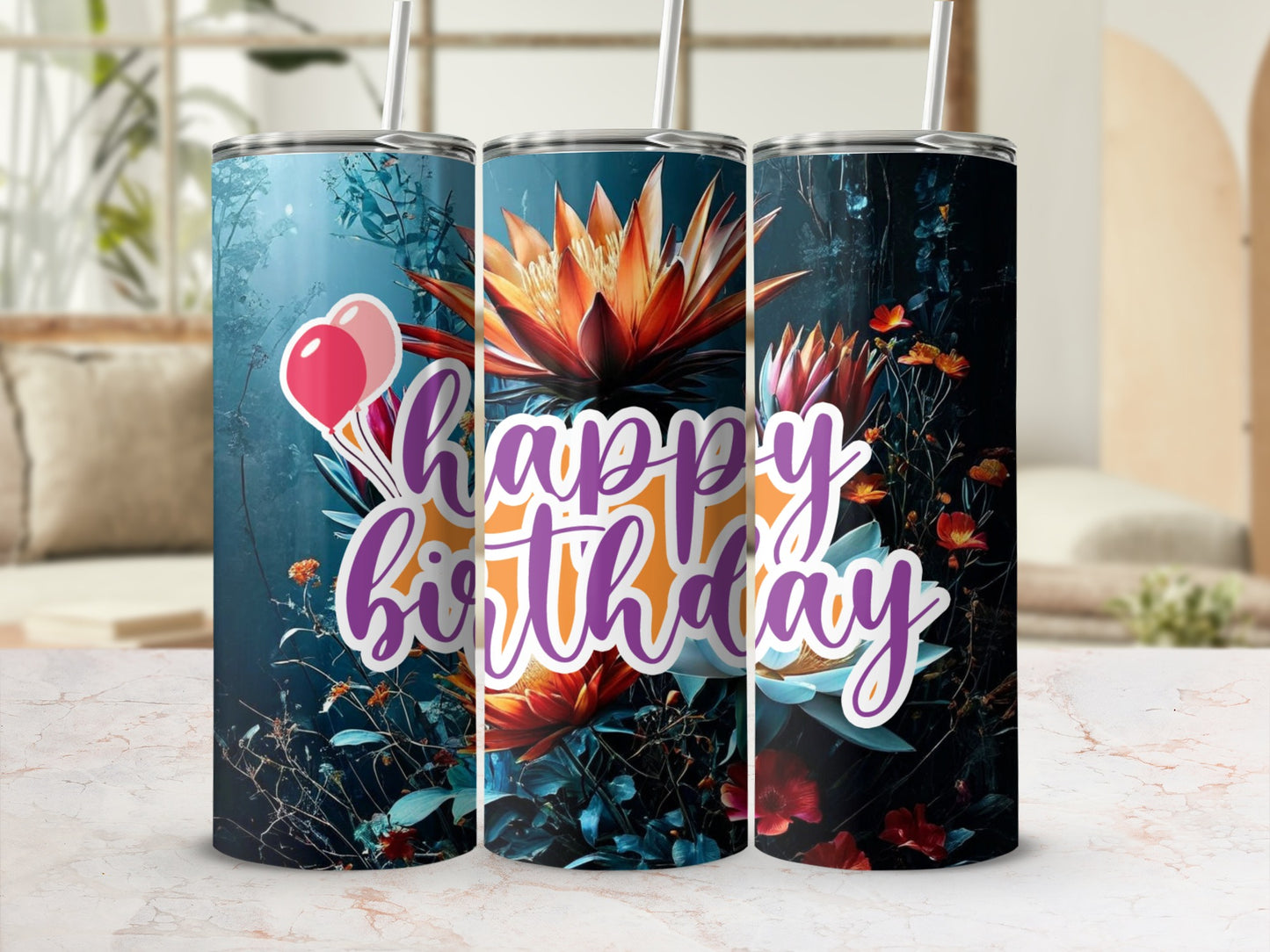 Happy birthday tumbler with floral and balloon design.