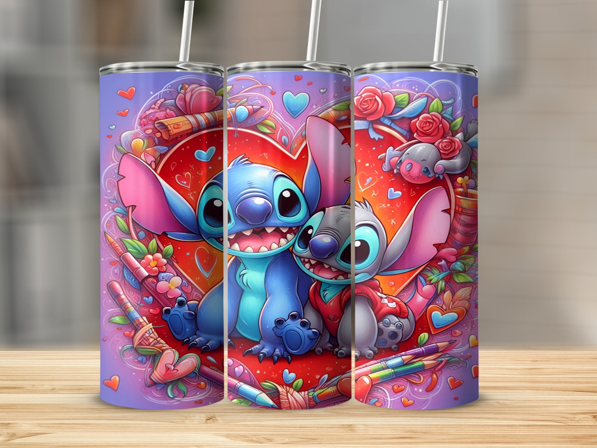 Two Stitch characters, heart, pencils, and flowers on a purple tumbler.