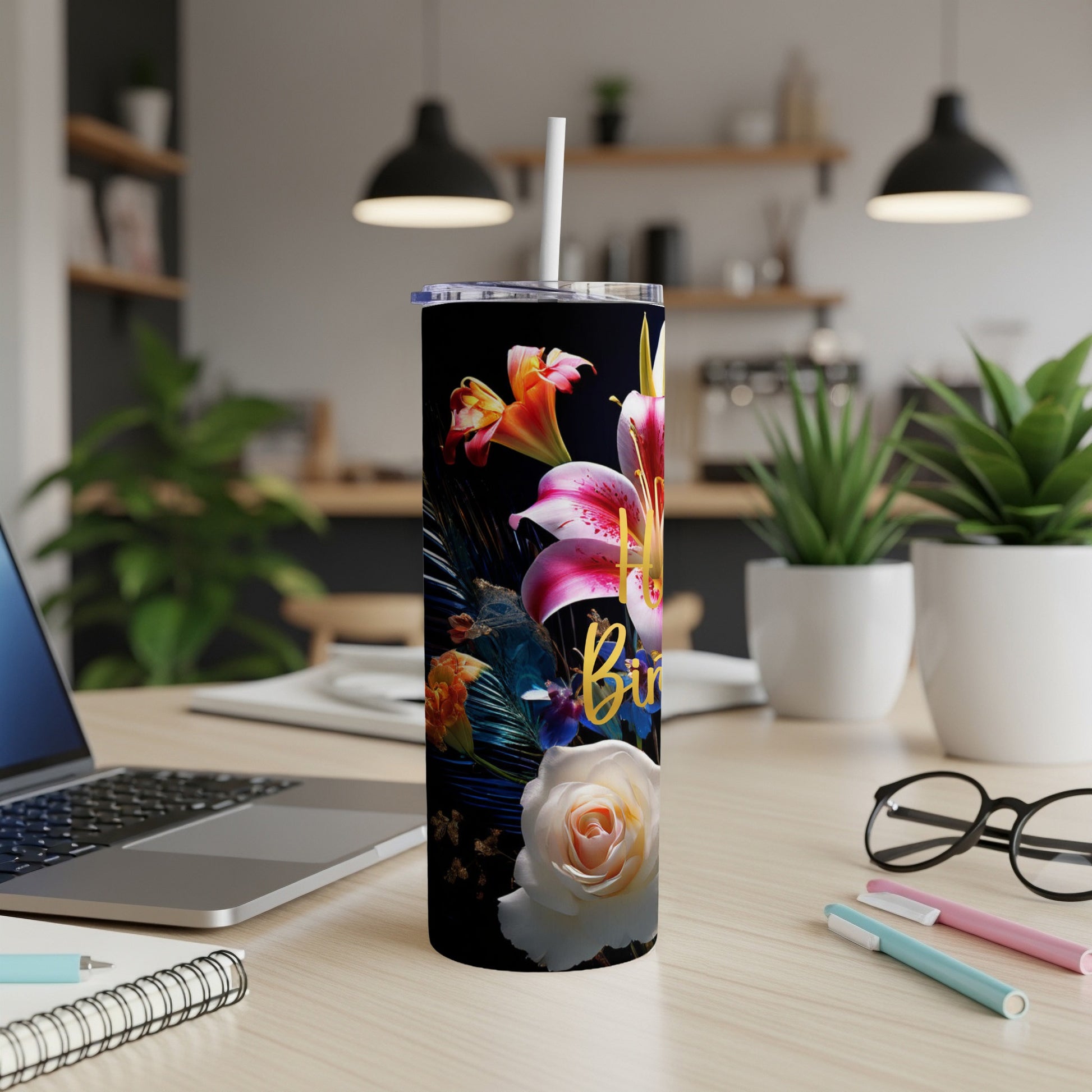 Black tumbler with floral design and "Birthday" text.