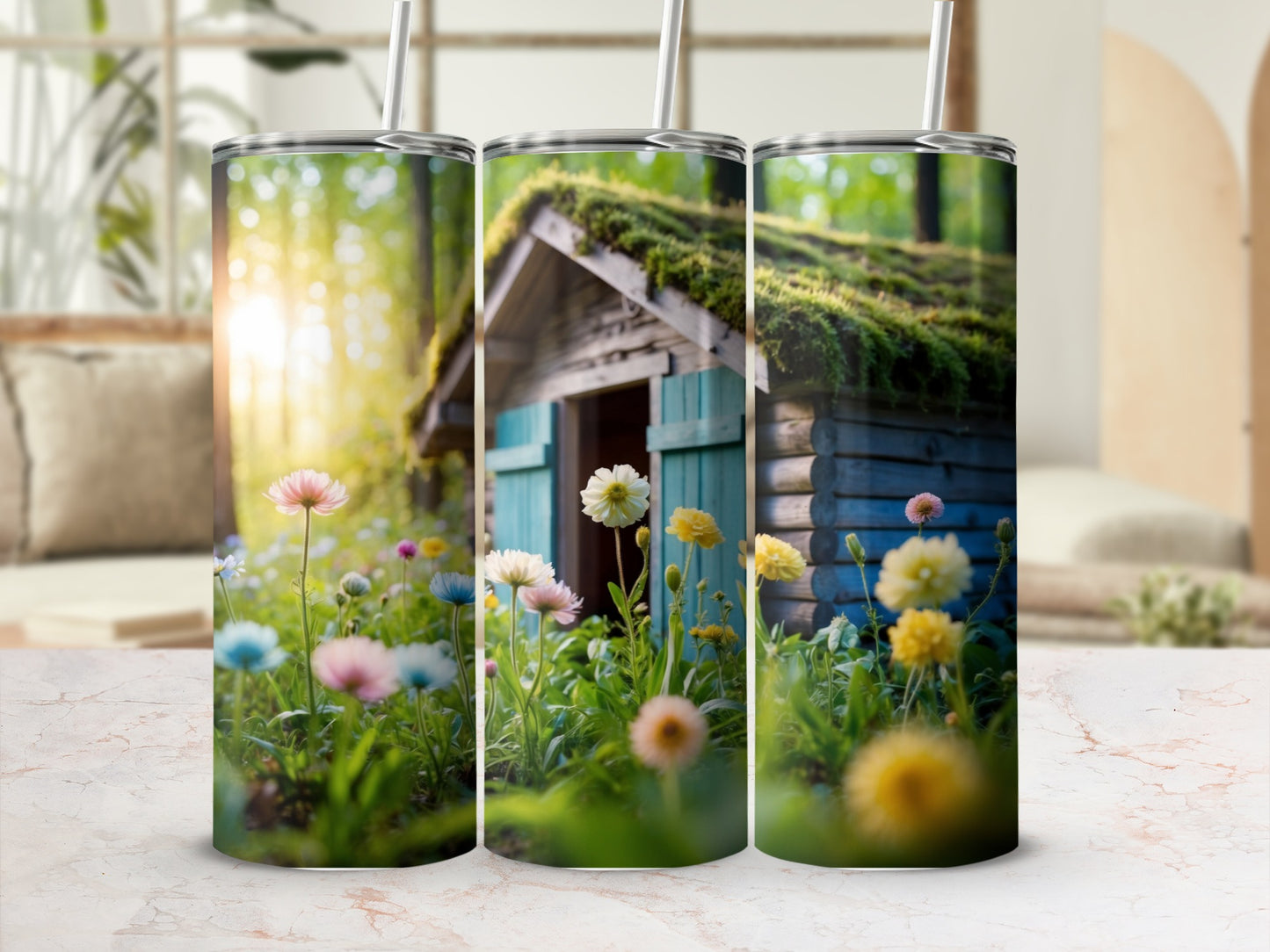 Tumbler featuring a rustic cabin in a sun-dappled forest with wildflowers.
