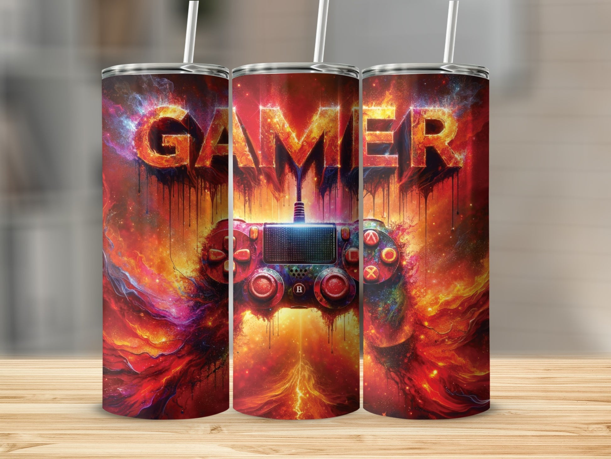 Gamer tumbler with controller and fiery abstract background.