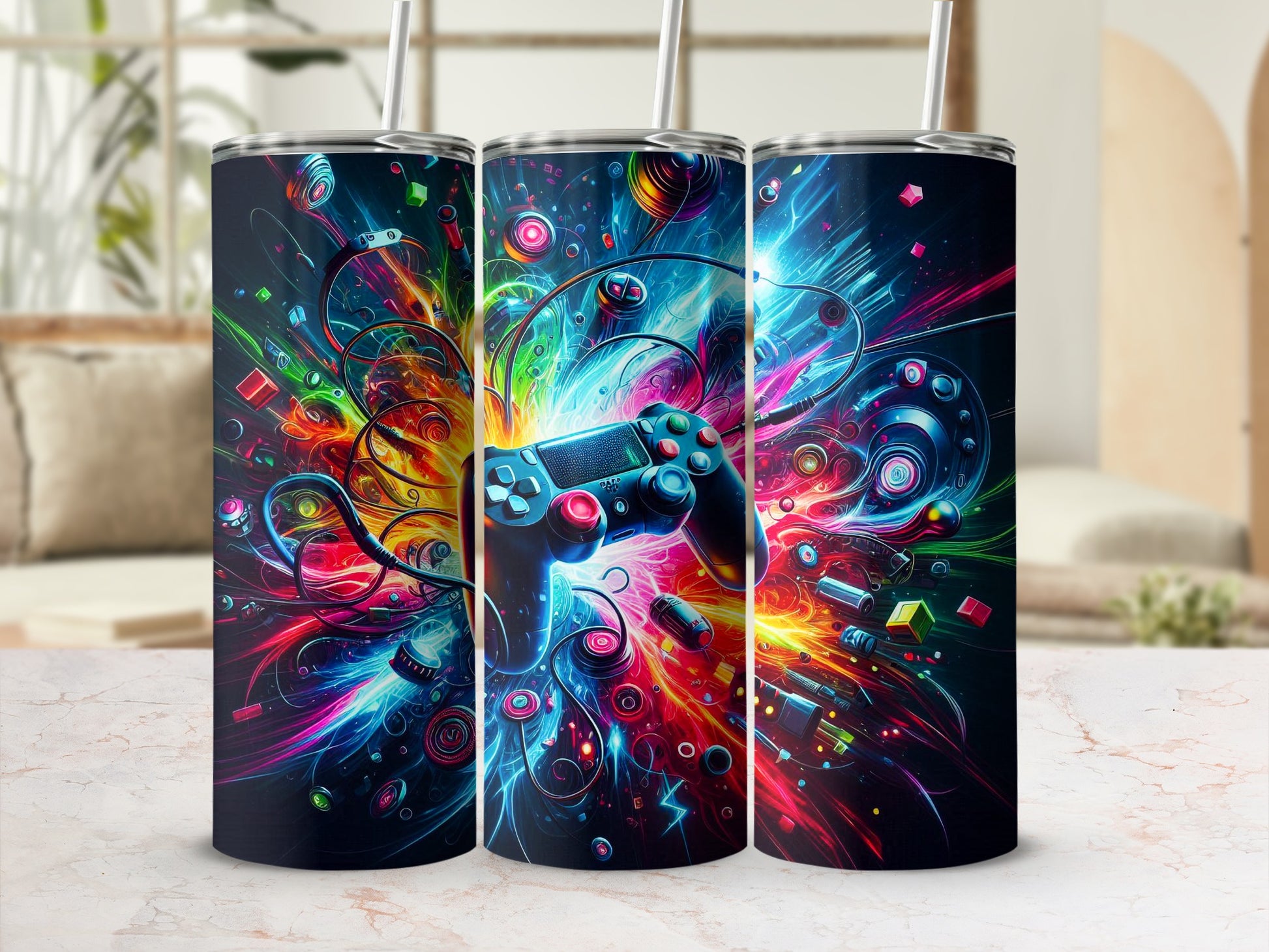 Video game controller with colorful abstract explosions and light streaks.