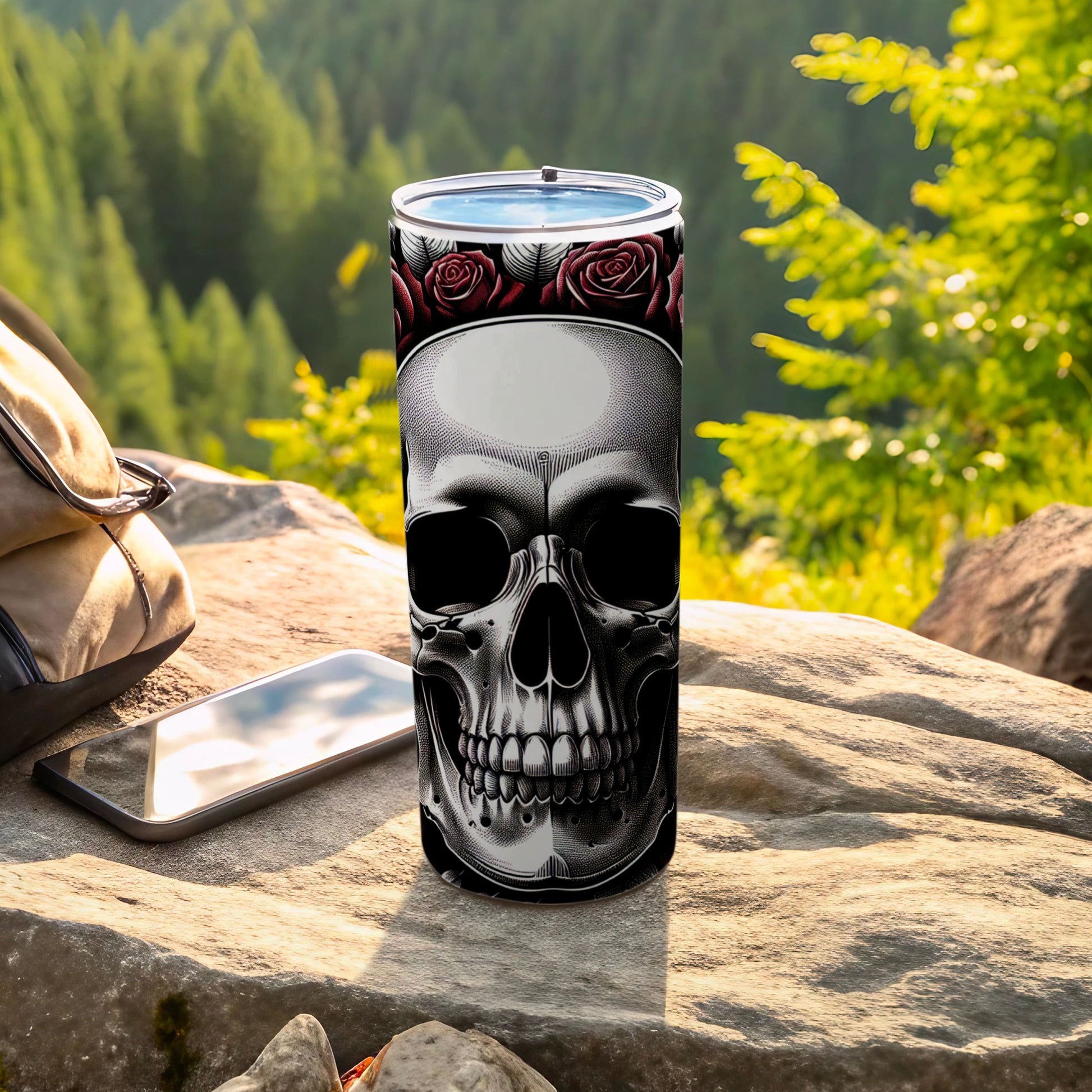 Tumbler with skull and roses design, placed on a rock outdoors.