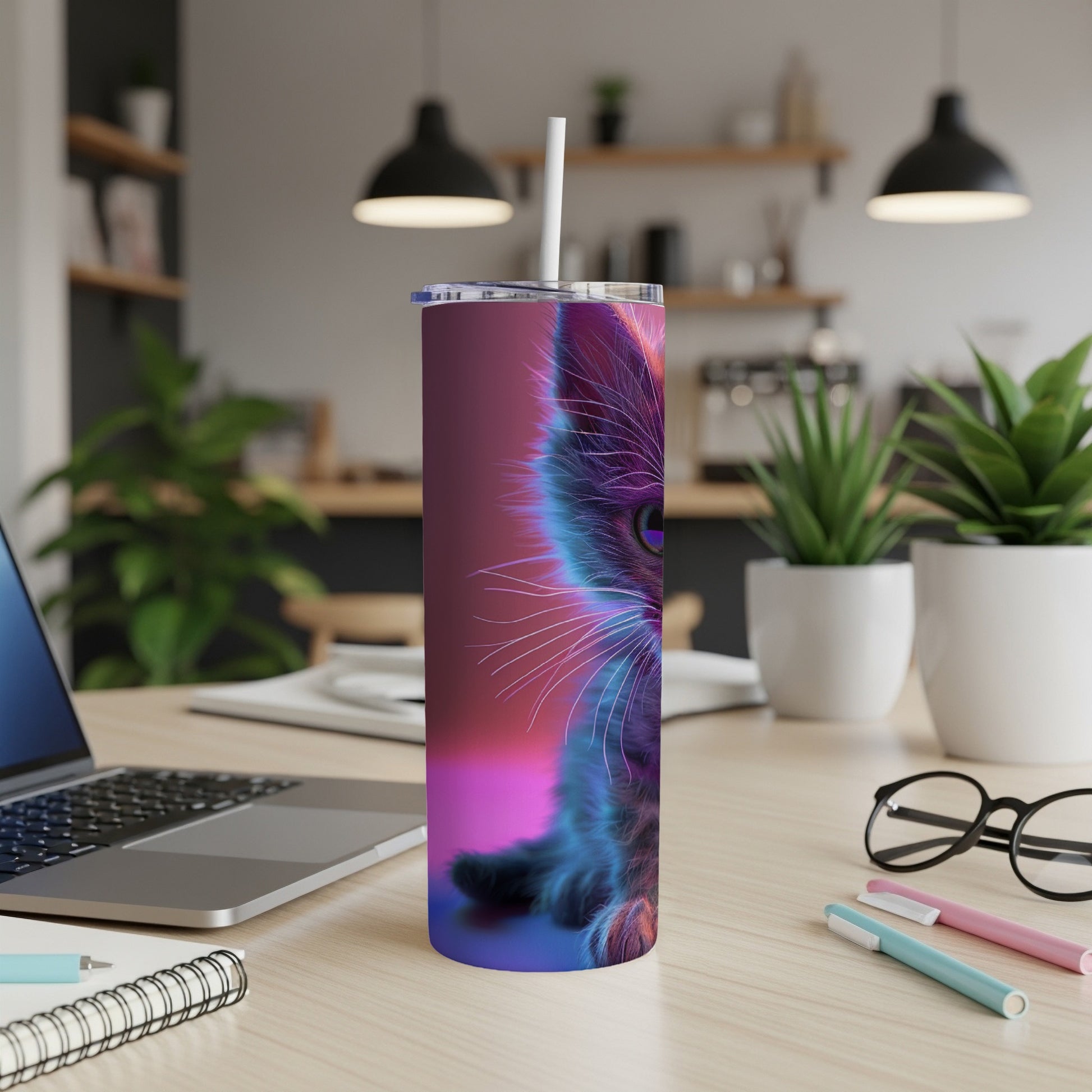 Purple and blue glowing kitten art on a stainless steel tumbler.