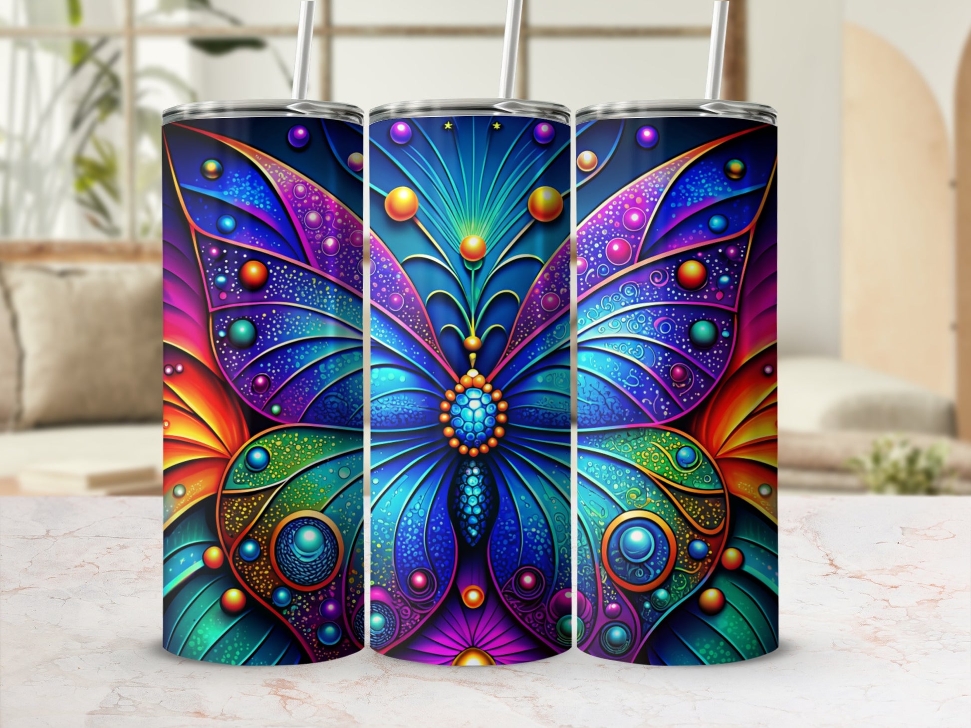 Vibrant Multicolor Butterfly Print Tumbler