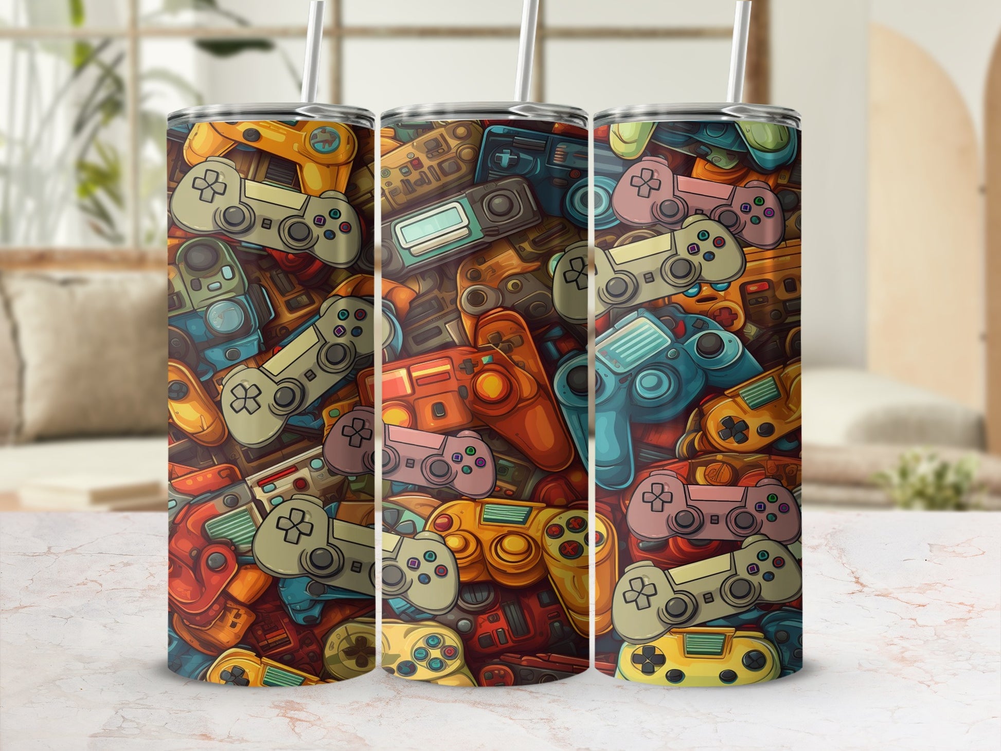 Pattern of colorful, vintage video game controllers on a tumbler.