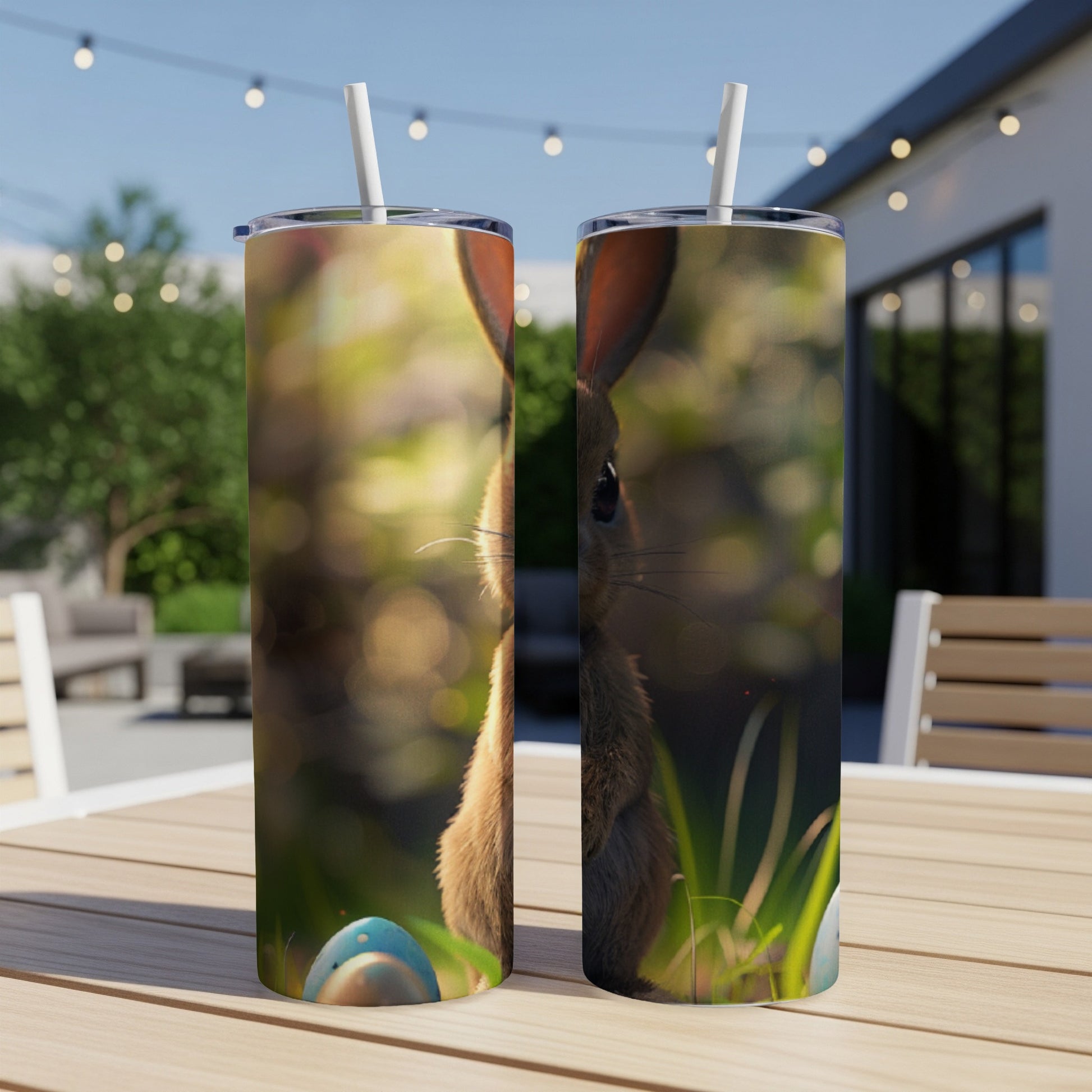 Two tumblers featuring a close-up of a rabbit's face and Easter eggs.