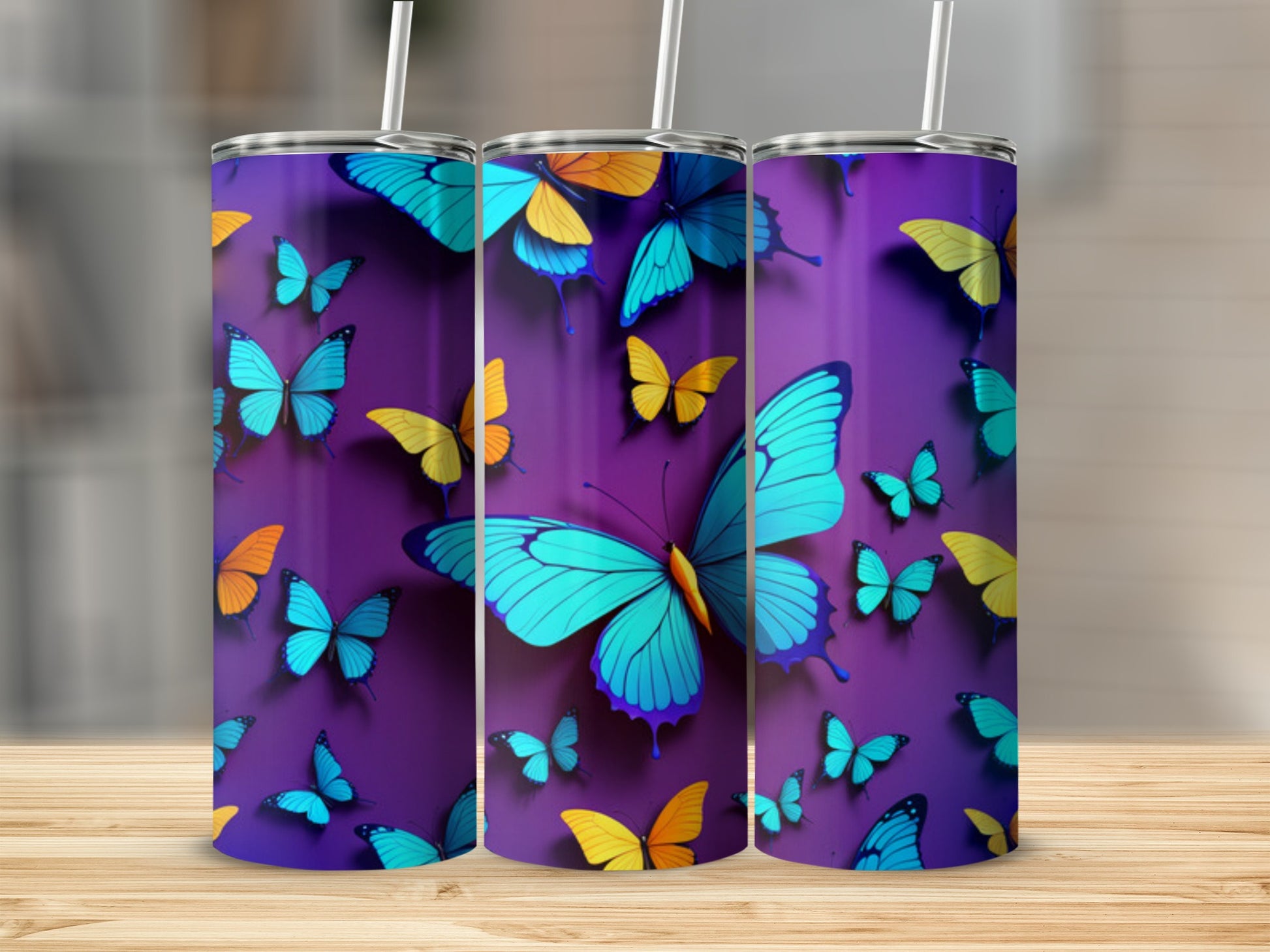 Purple tumbler with colorful butterflies and straws.