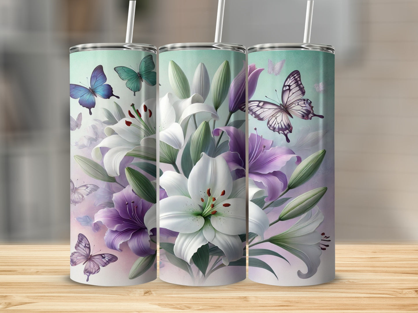 Elegant Butterfly and Lily Design Tumbler Cup