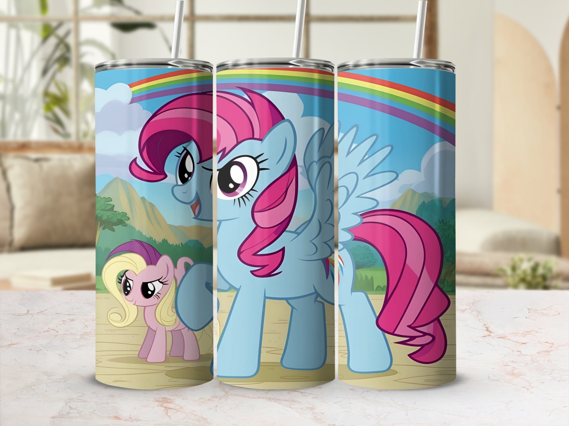Blue cartoon pony with pink mane and tail and rainbow background.