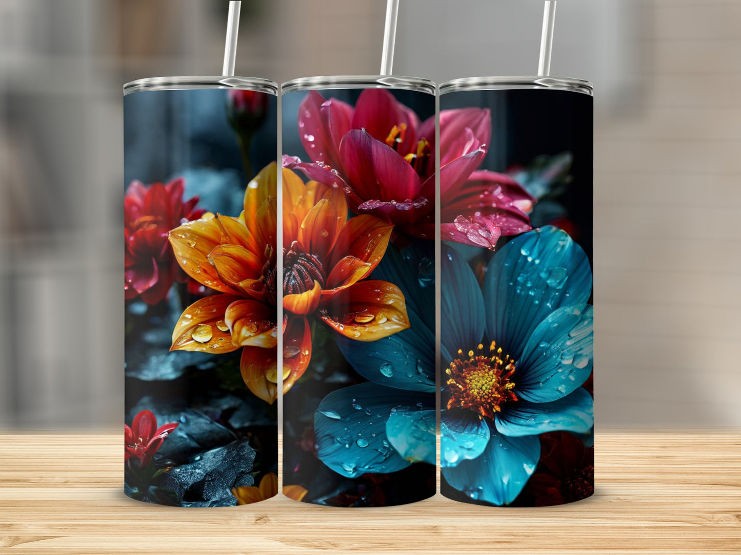 Three tumblers showcasing vibrant wet flowers: orange, red, and blue.