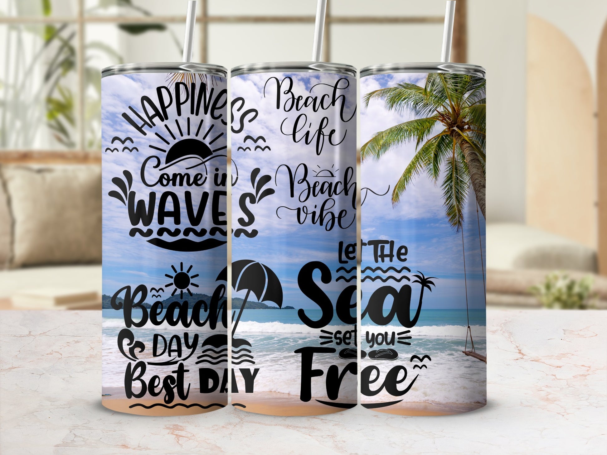 Happiness Comes in Waves Beach Day Tumbler