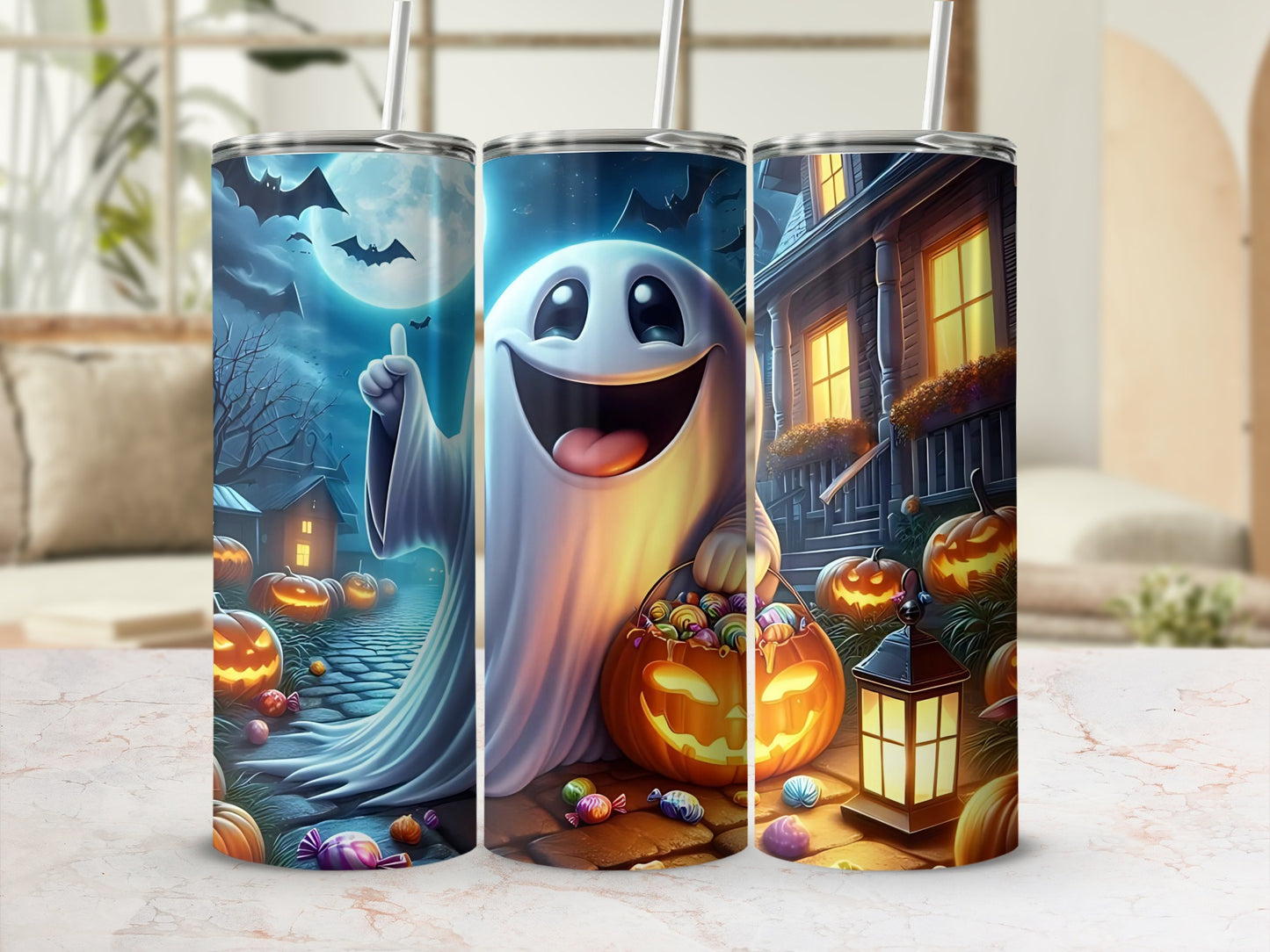 Halloween tumblers with ghosts, pumpkins, bats, and candy designs.