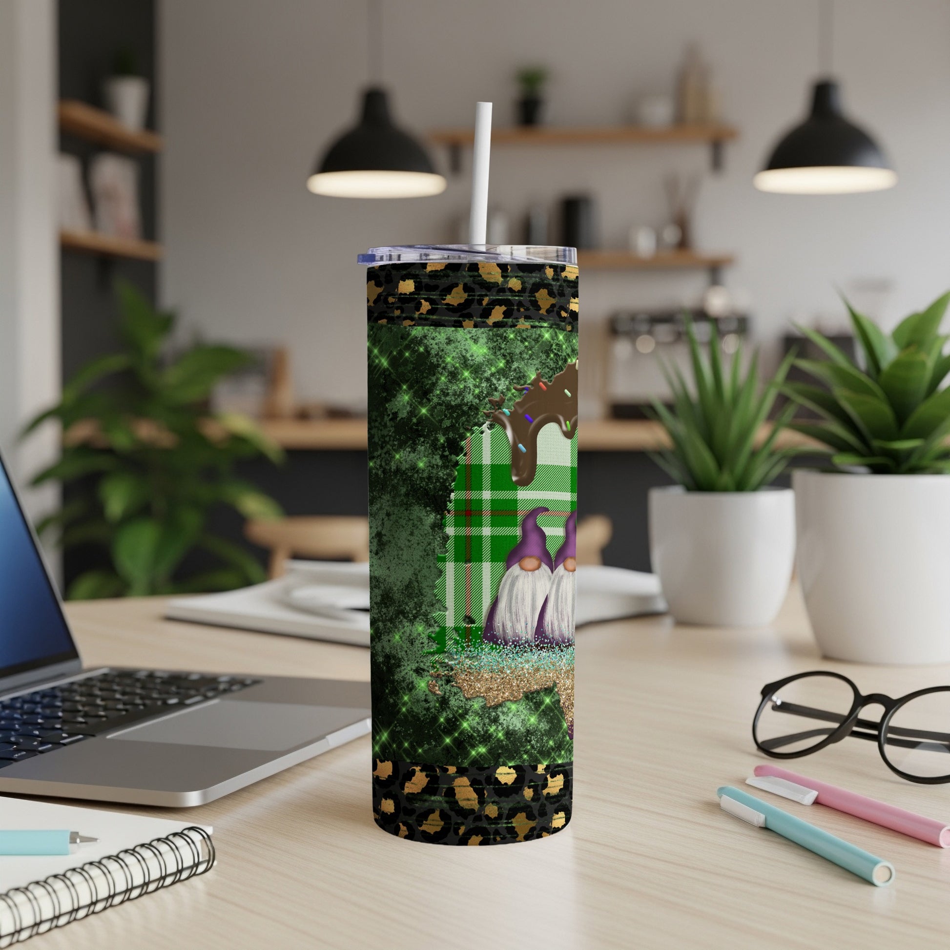 Green plaid tumbler with gnomes, leopard print, and chocolate drizzle design.