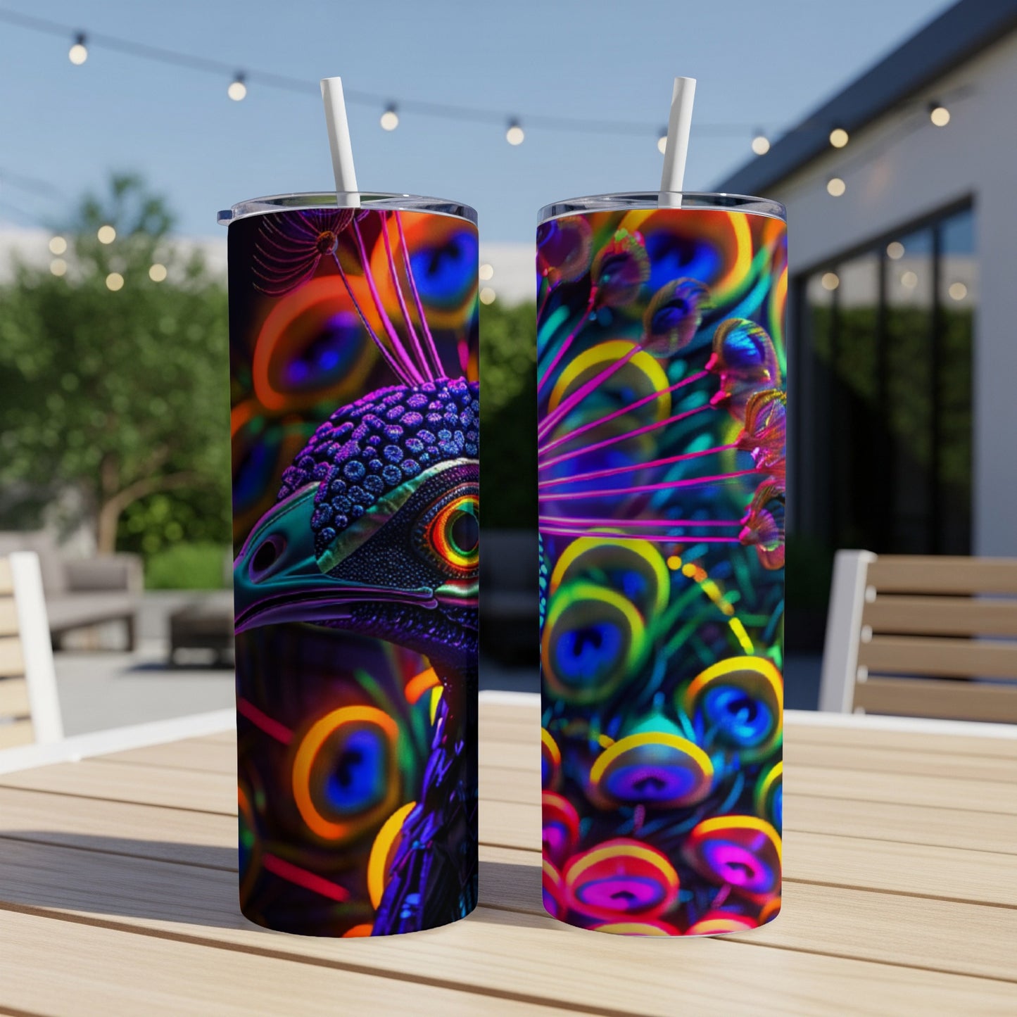 Two tumblers featuring a close-up of a peacock's iridescent eye and feathers.