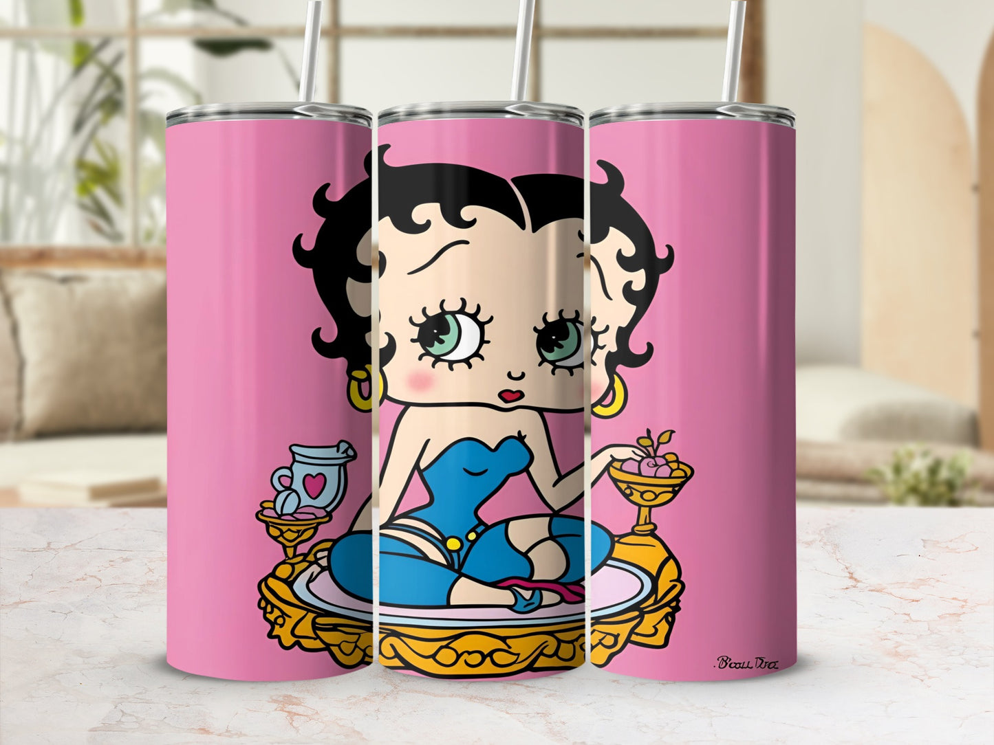 Betty Boop with martini and ice cream on a pink background.