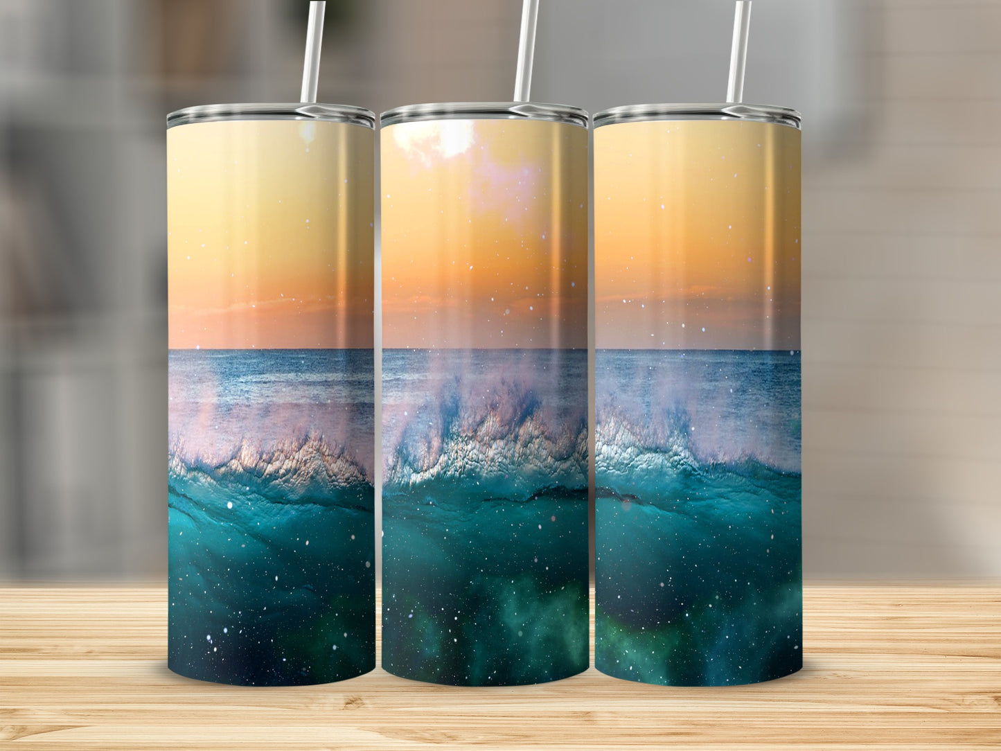 Three tumblers featuring a crashing wave and starry night sky design.