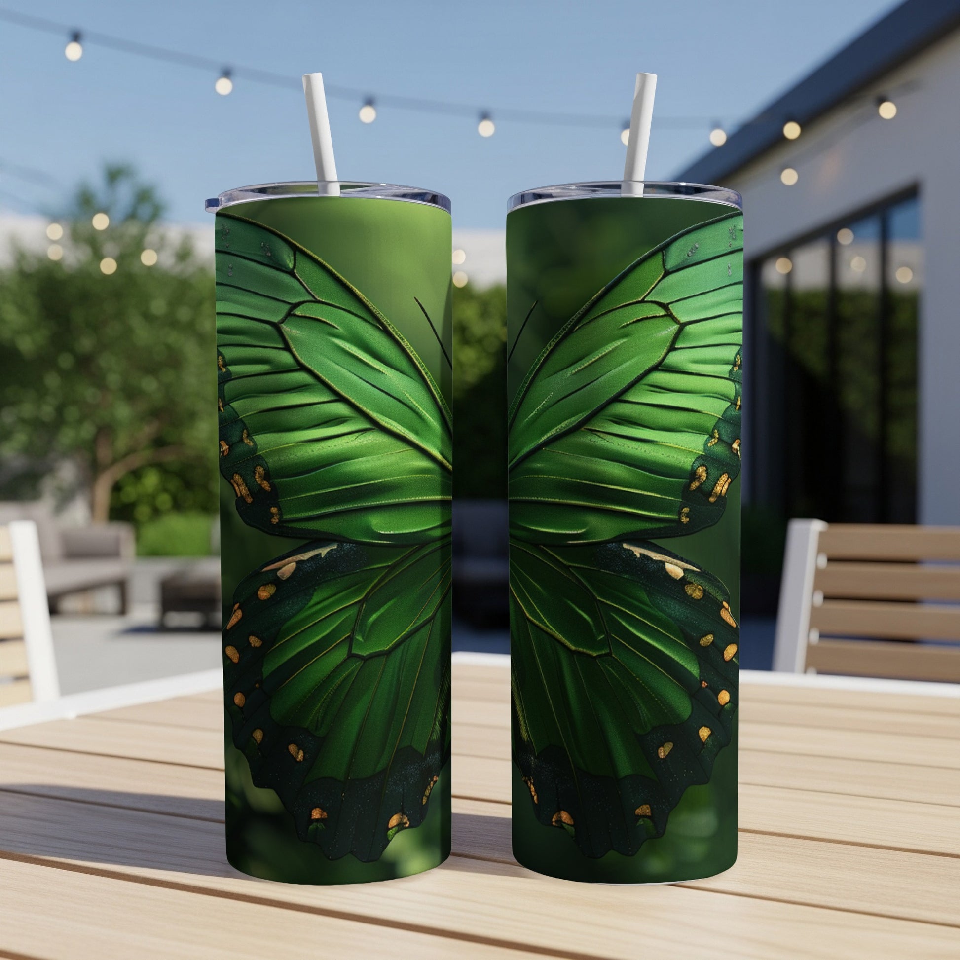 Two green butterfly wing patterned tumblers with straws on a wooden table.