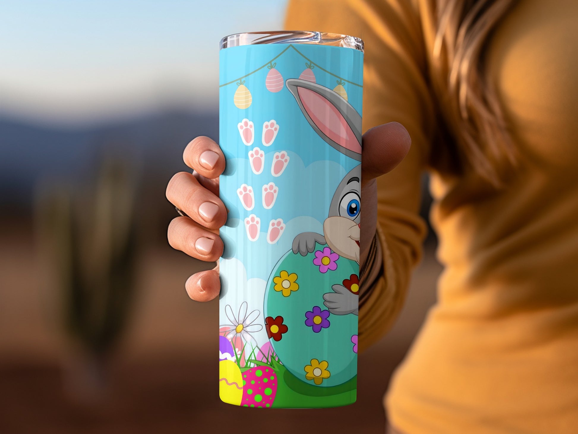 Cute Easter Bunny Tumbler with Floral and Eggs Design