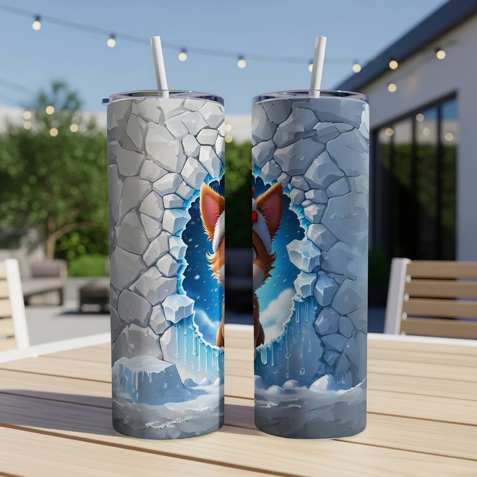 Two tumblers featuring a cartoon fox peeking through a cracked ice wall.
