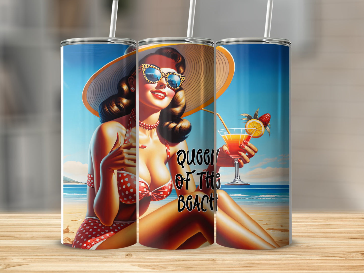 Woman in polka-dot bikini on beach holding cocktail, "Queen of the Beach" text.