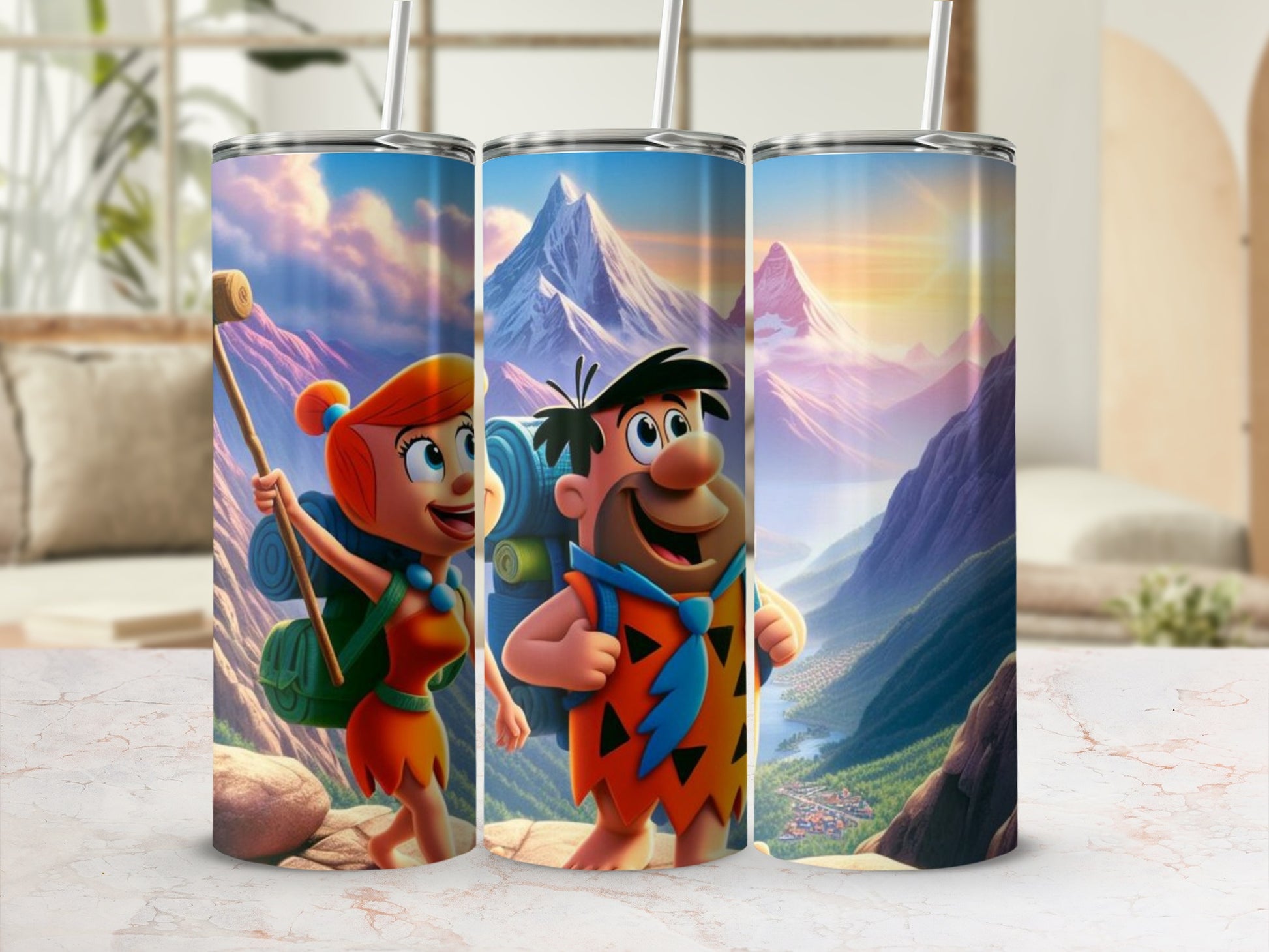 Colorful Mountain Adventure Tumblers with Cartoon Characters